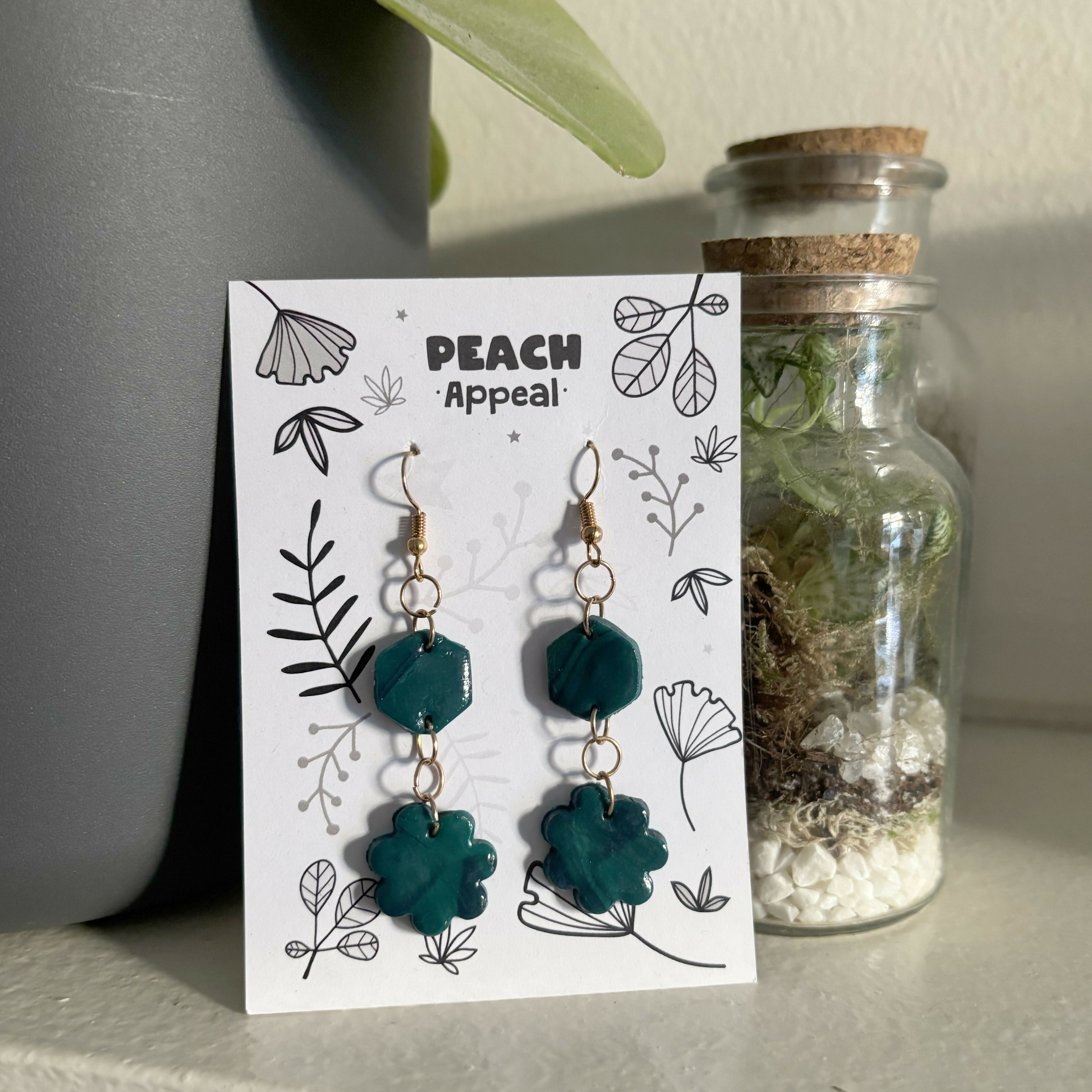 Recycled Polymer Clay Earrings - Green Flower Geometric