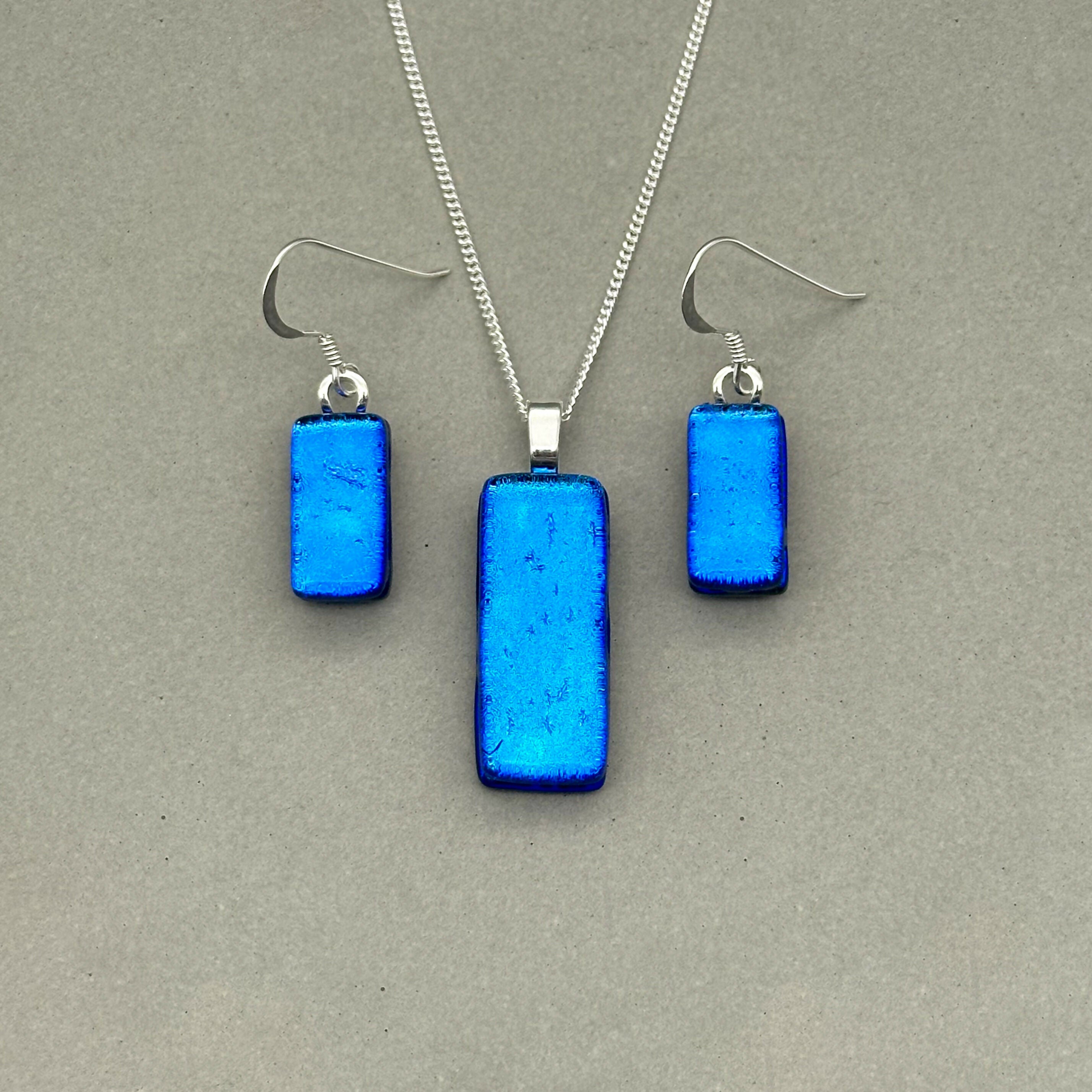 Mid Blue Dichroic Glass Necklace and Earrings Set - Sterling Silver, Handmade by Jade Tapson Glass.