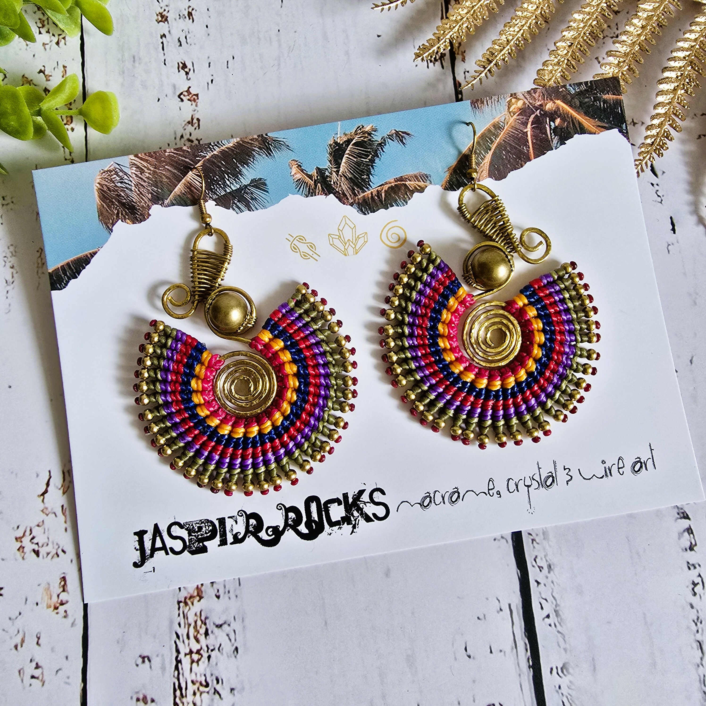 Rainbow Macrame Earrings: Gold Brass Spiral Boho Statement Earrings