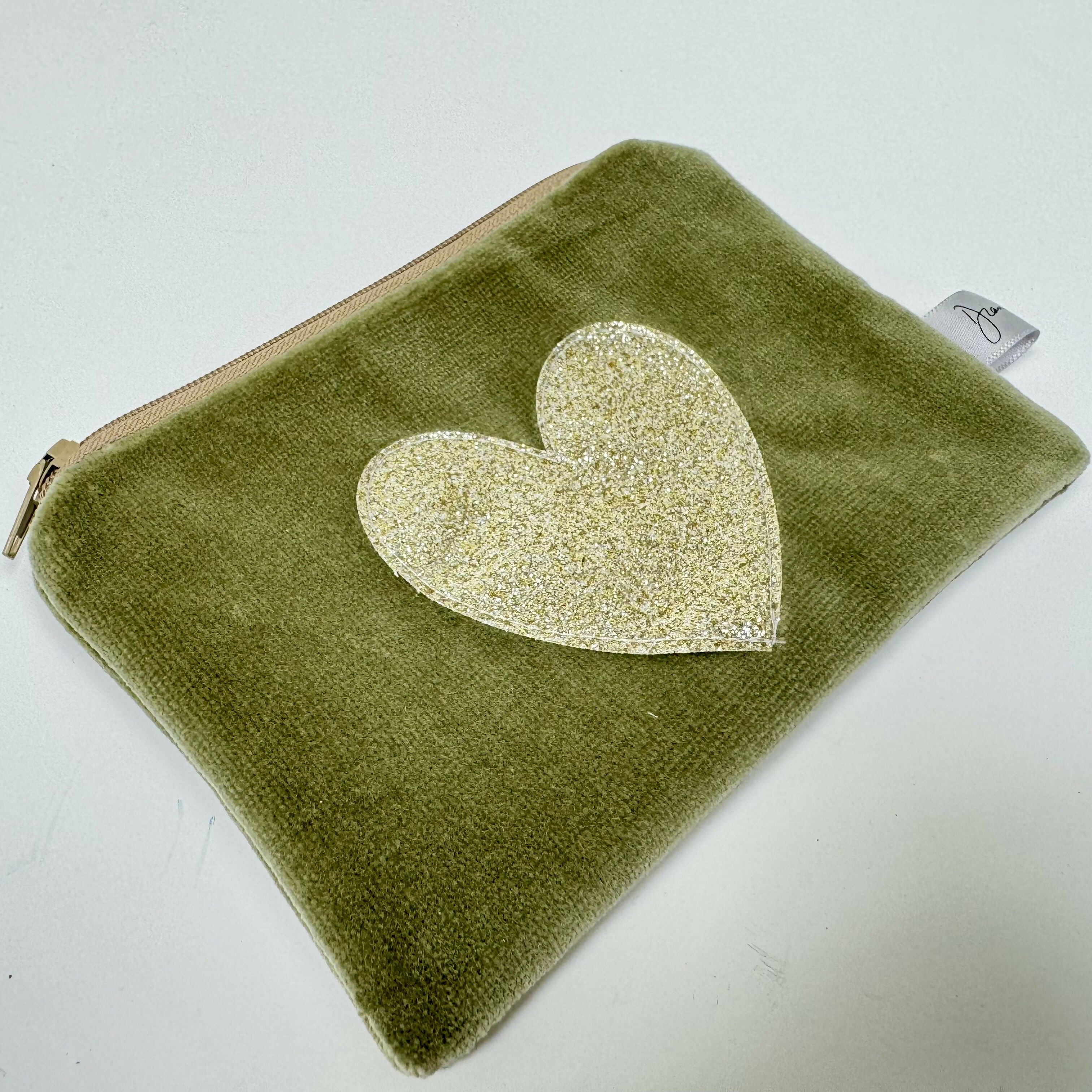 Olive Velvet Purse with Soft Gold Sparkle Heart