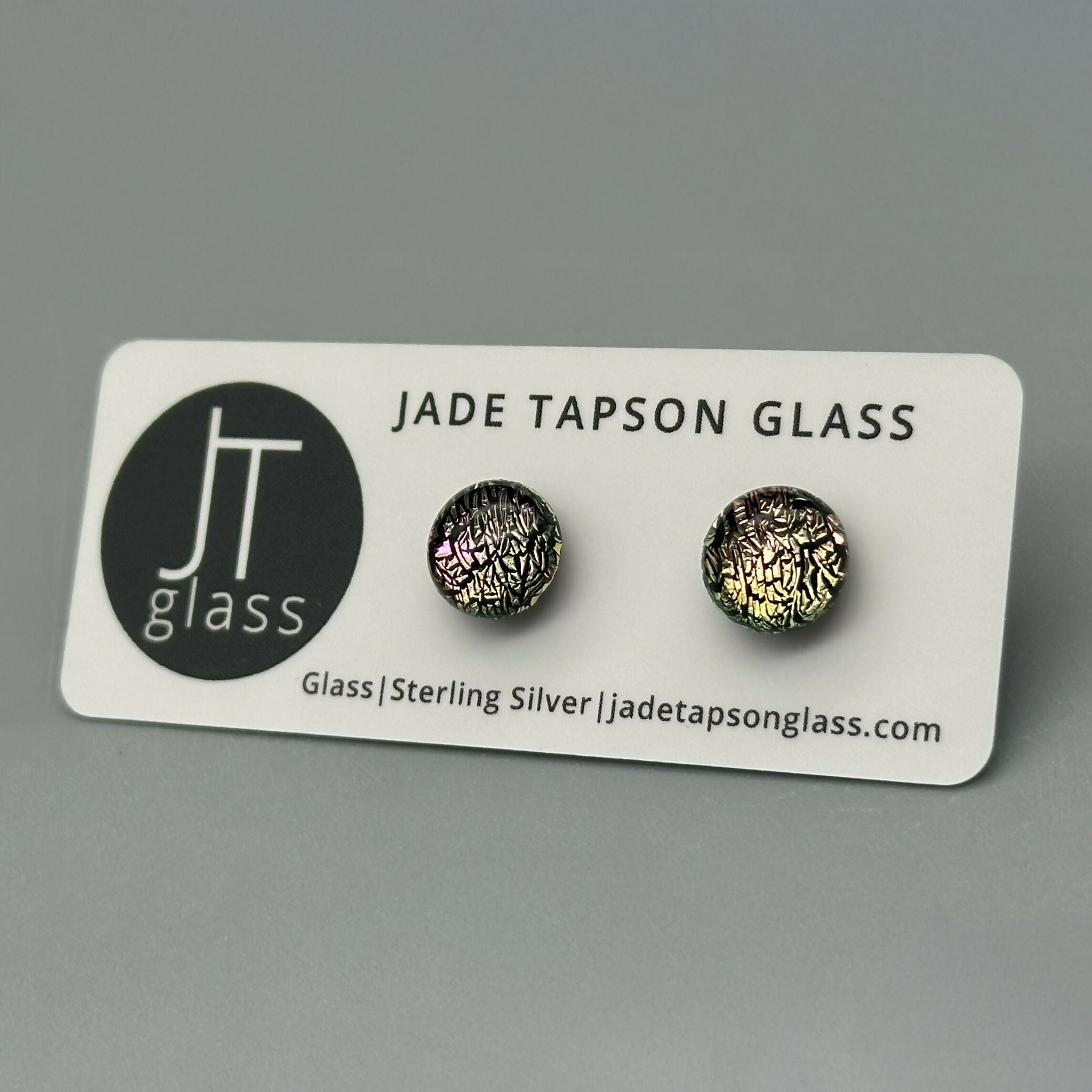Pink & Yellow Dichroic Fused Glass Sterling Silver Stud Earrings - Handmade by Jade Tapson Glass.