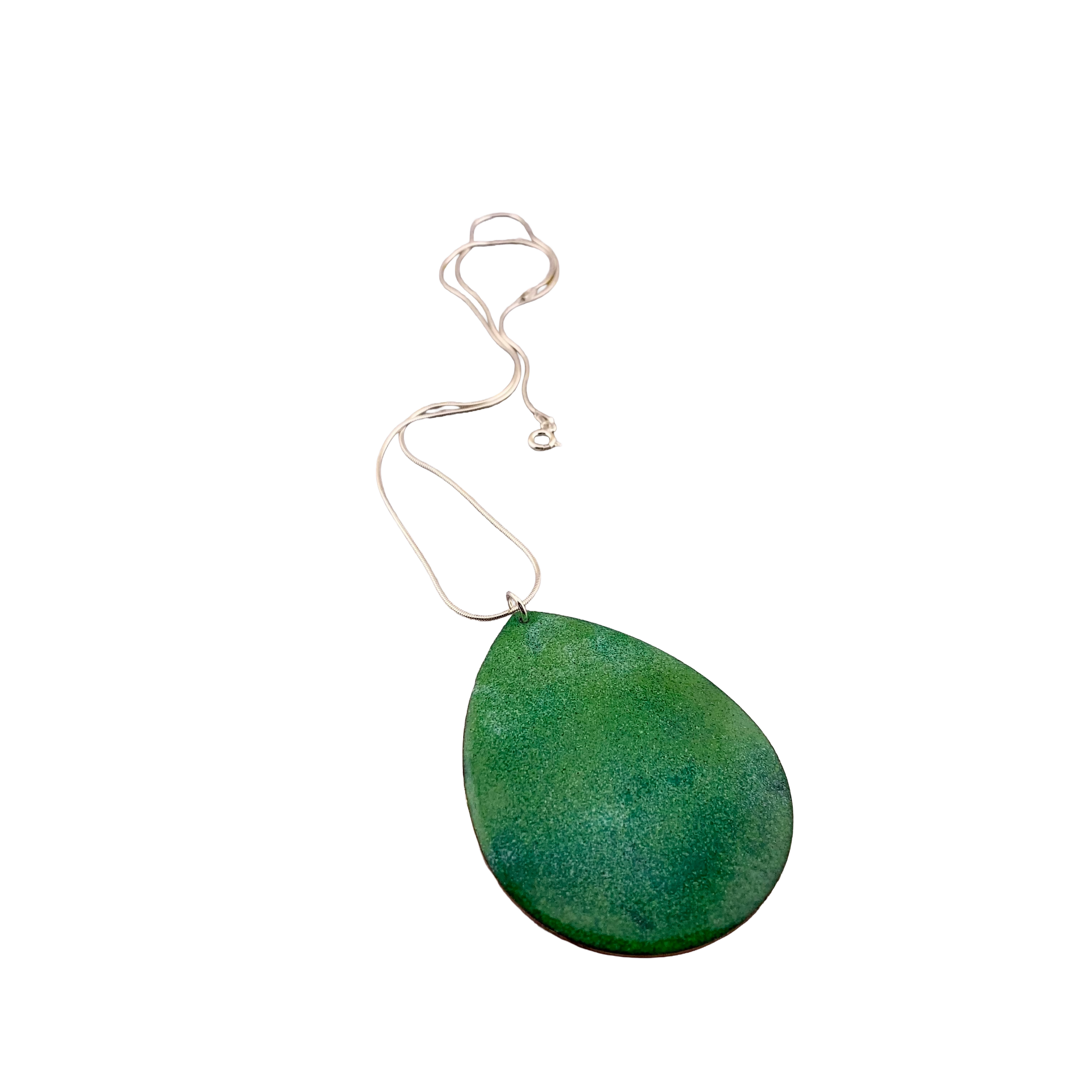 Green Enamel Oval Pendant On Sterling Silver Chain