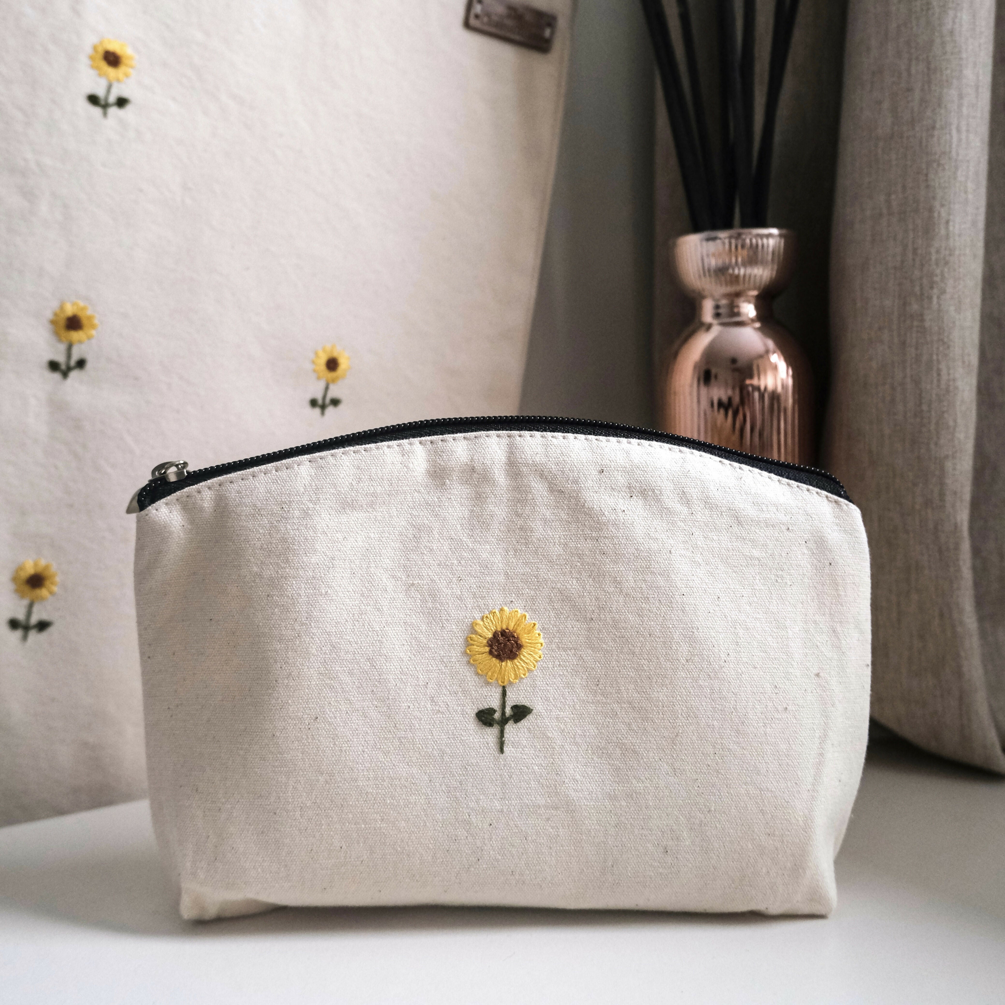 Hand Embroidered Sunflower Makeup Bag