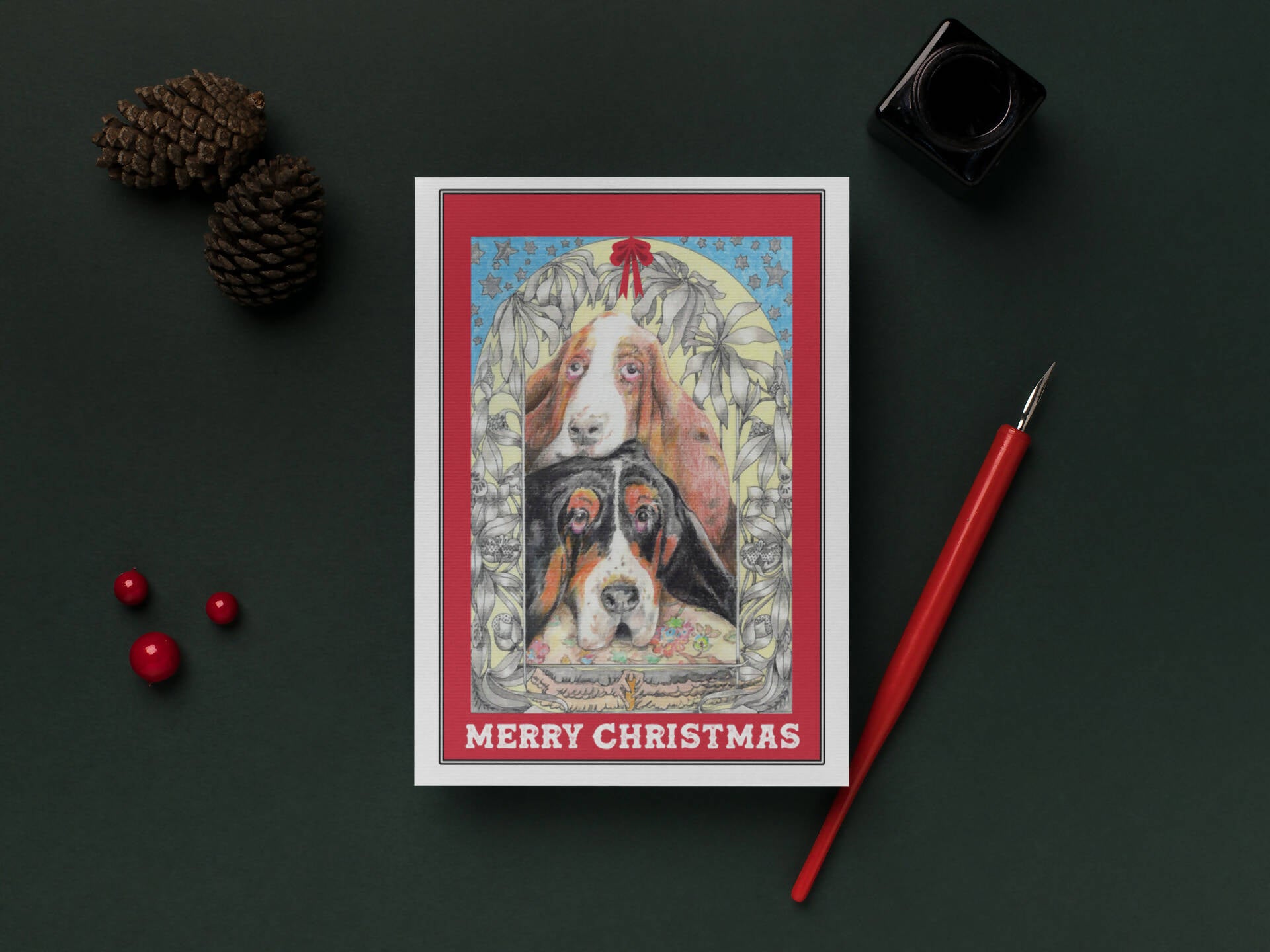 Basset Hound Vintage Christmas Card