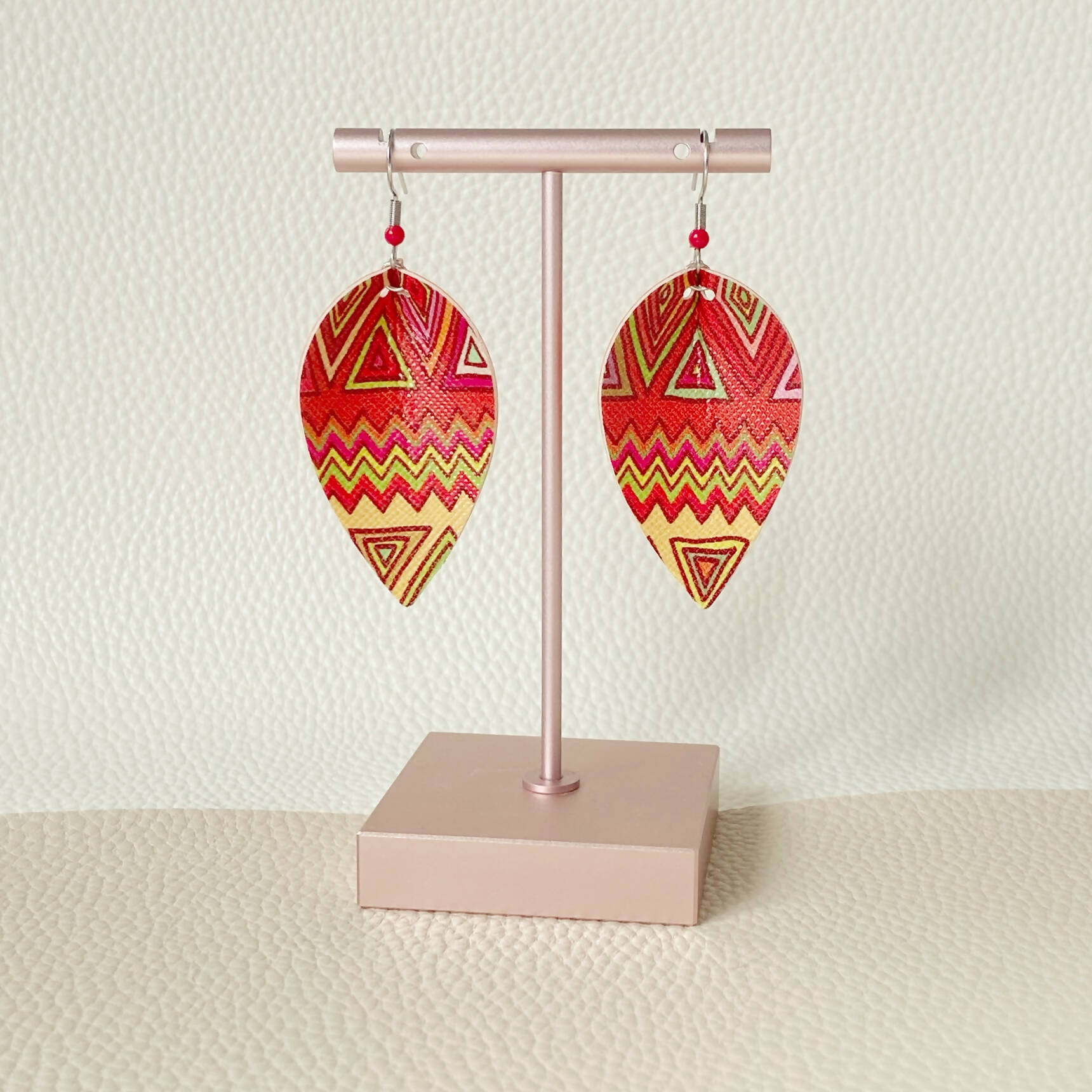 Red Aztec Print Pinched Leaf Earrings