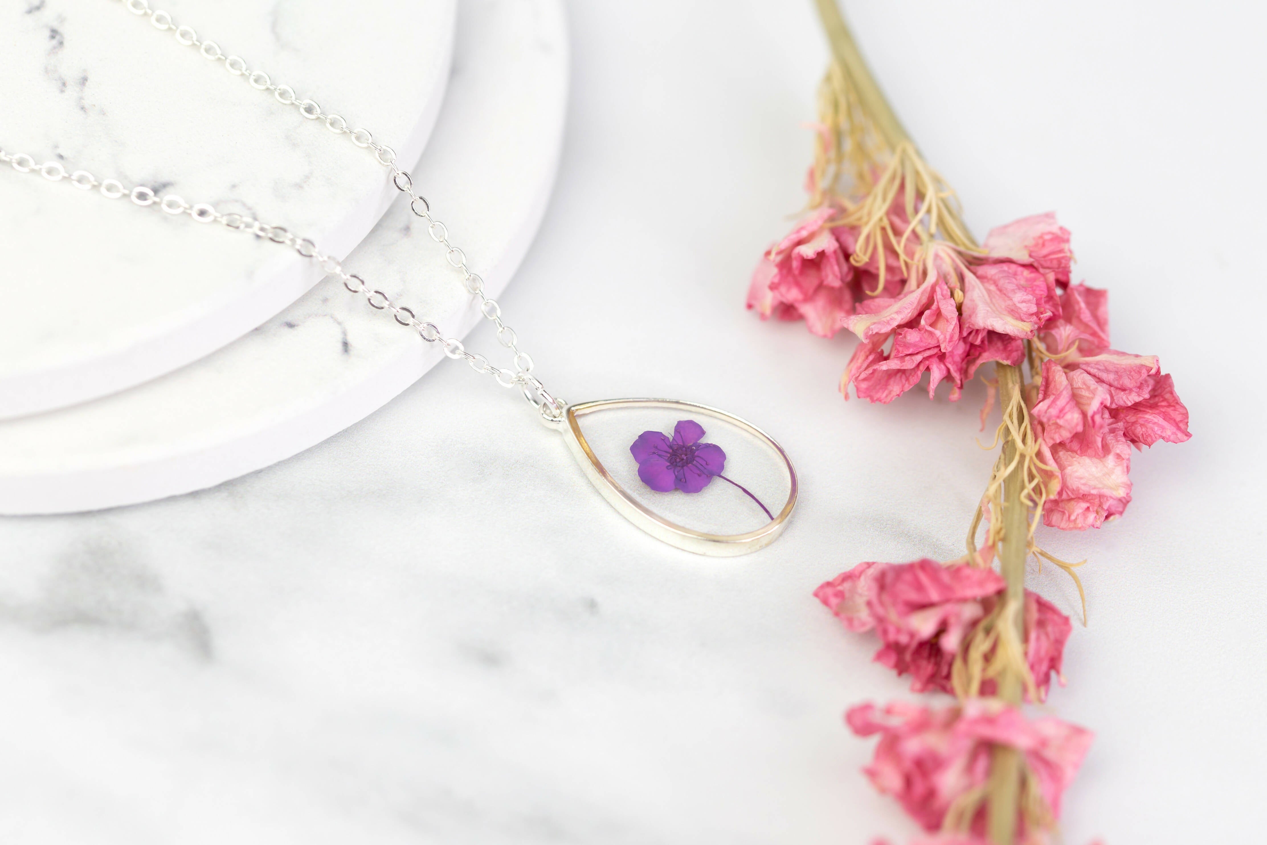 Purple Baby’s Breath Teardrop Necklace Silver Plated