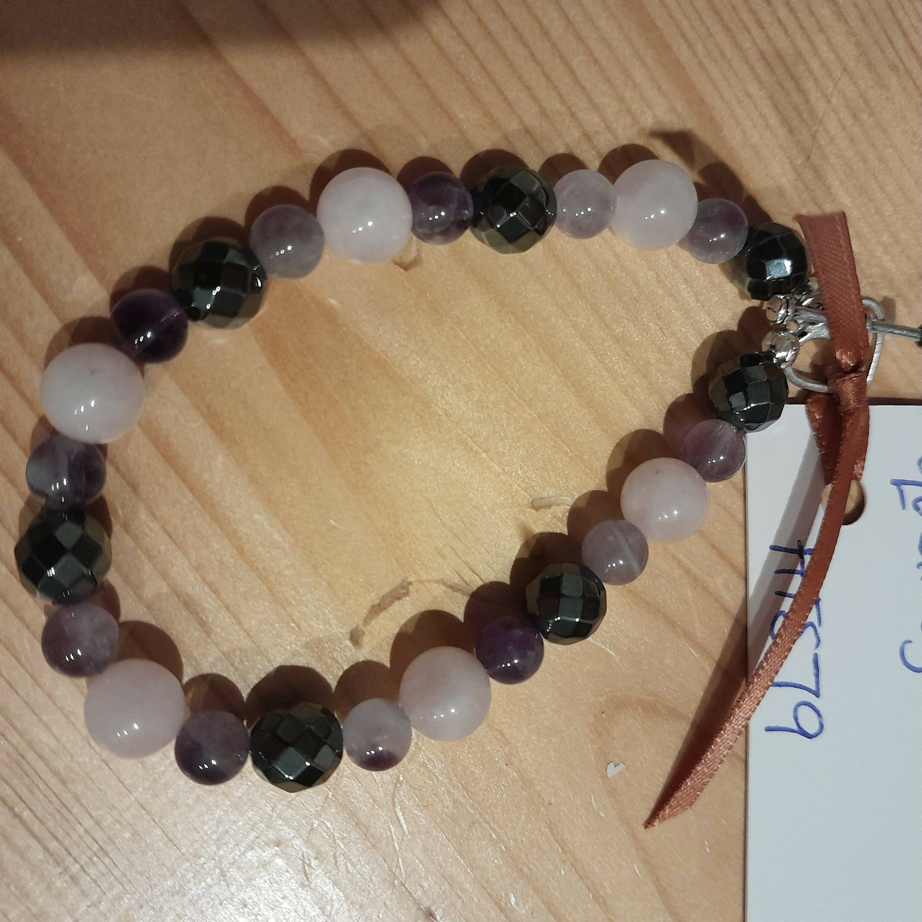 Tibetan Silver Toggle Clasp Bracelet with Faceted Hematite, Chevron Amethyst and Rose Quartz