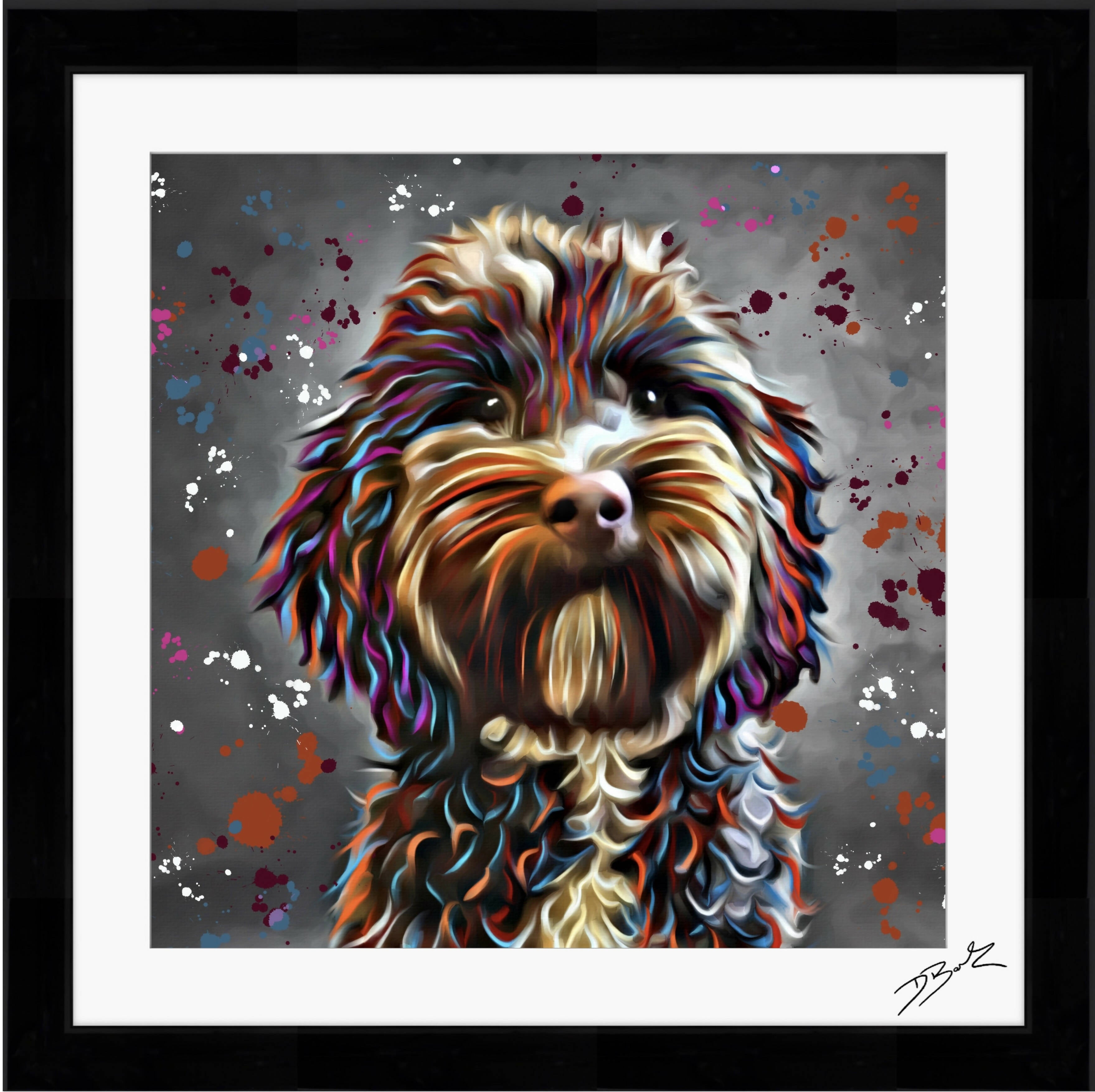 LABRADOODLE DOG COLOUR SPLASH FRAMED ARTWORK.