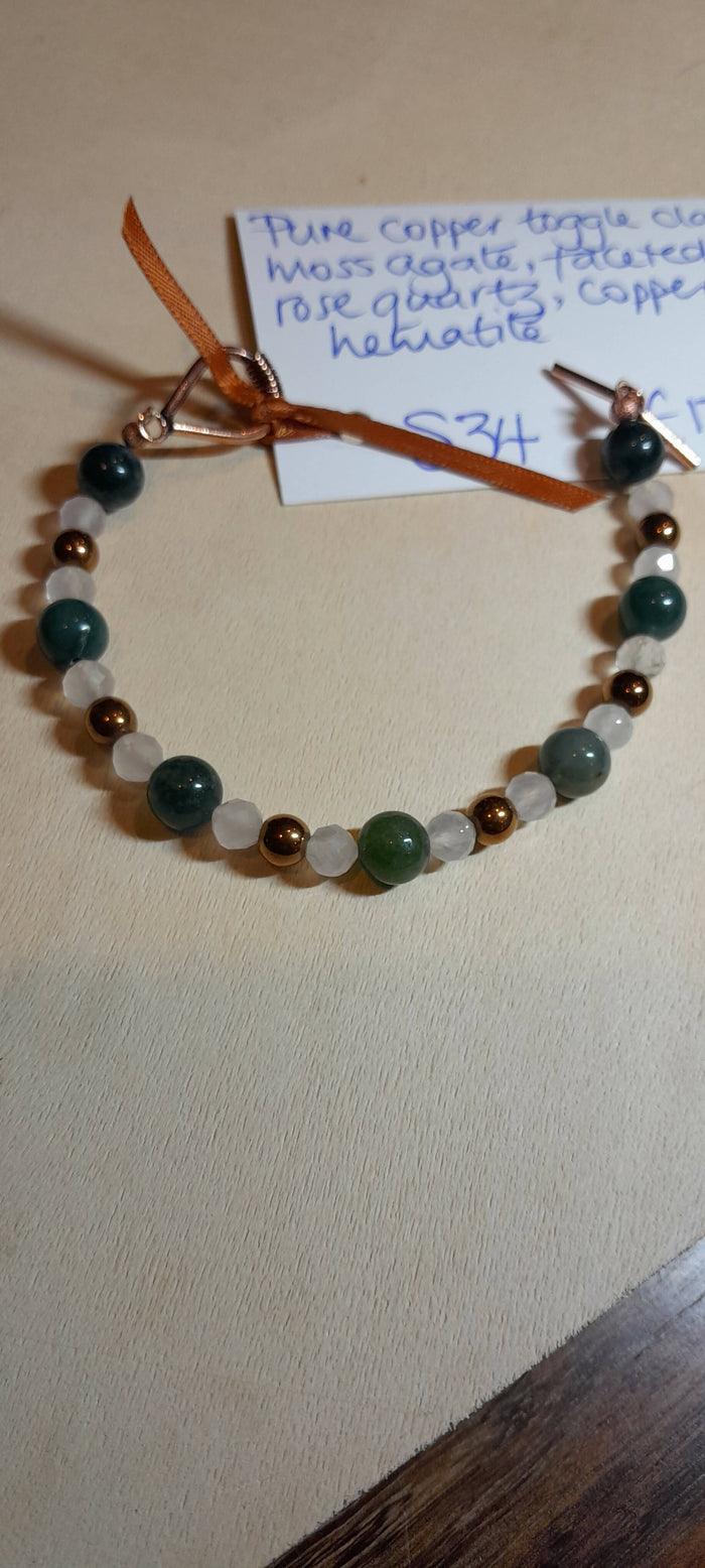 S3 Copper clasp bracelet, with moss agate, rose quartz and copper hematite.