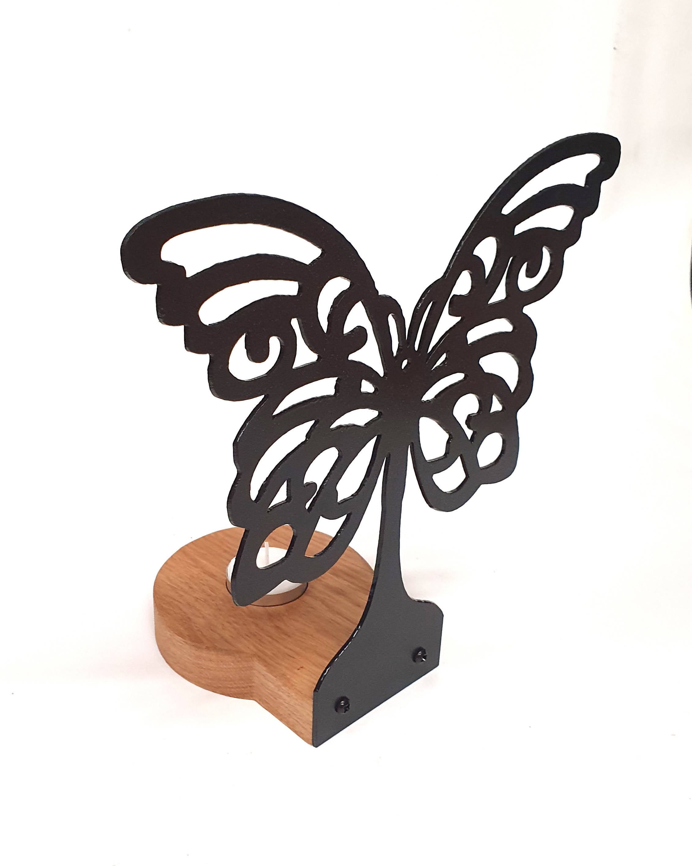 Assorted black metal and Oak Tea light holder flower