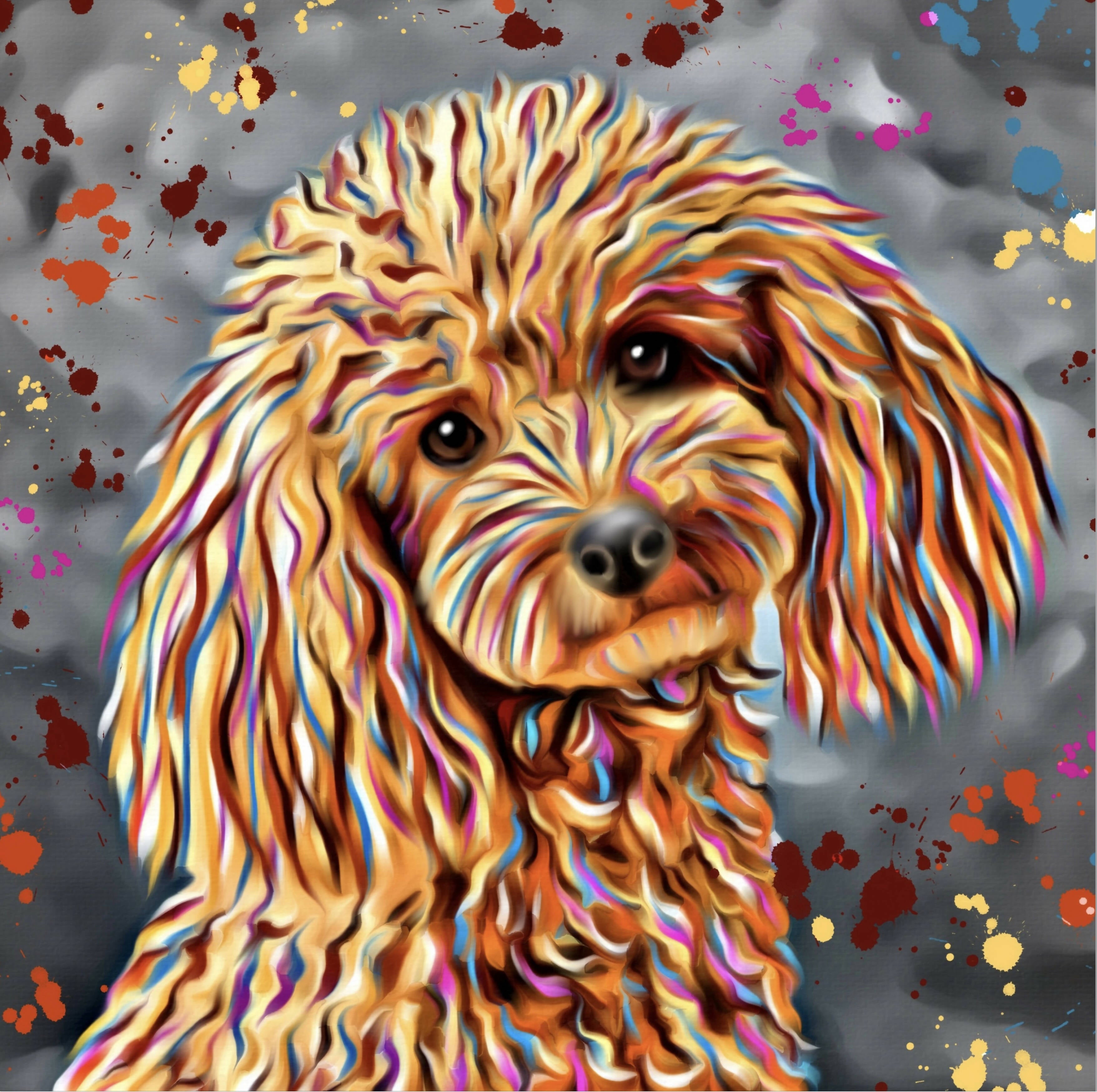 POODLE DOG COLOUR SPLASH FRAMED ARTWORK.