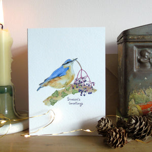 Nuthatch and elderberries Christmas card