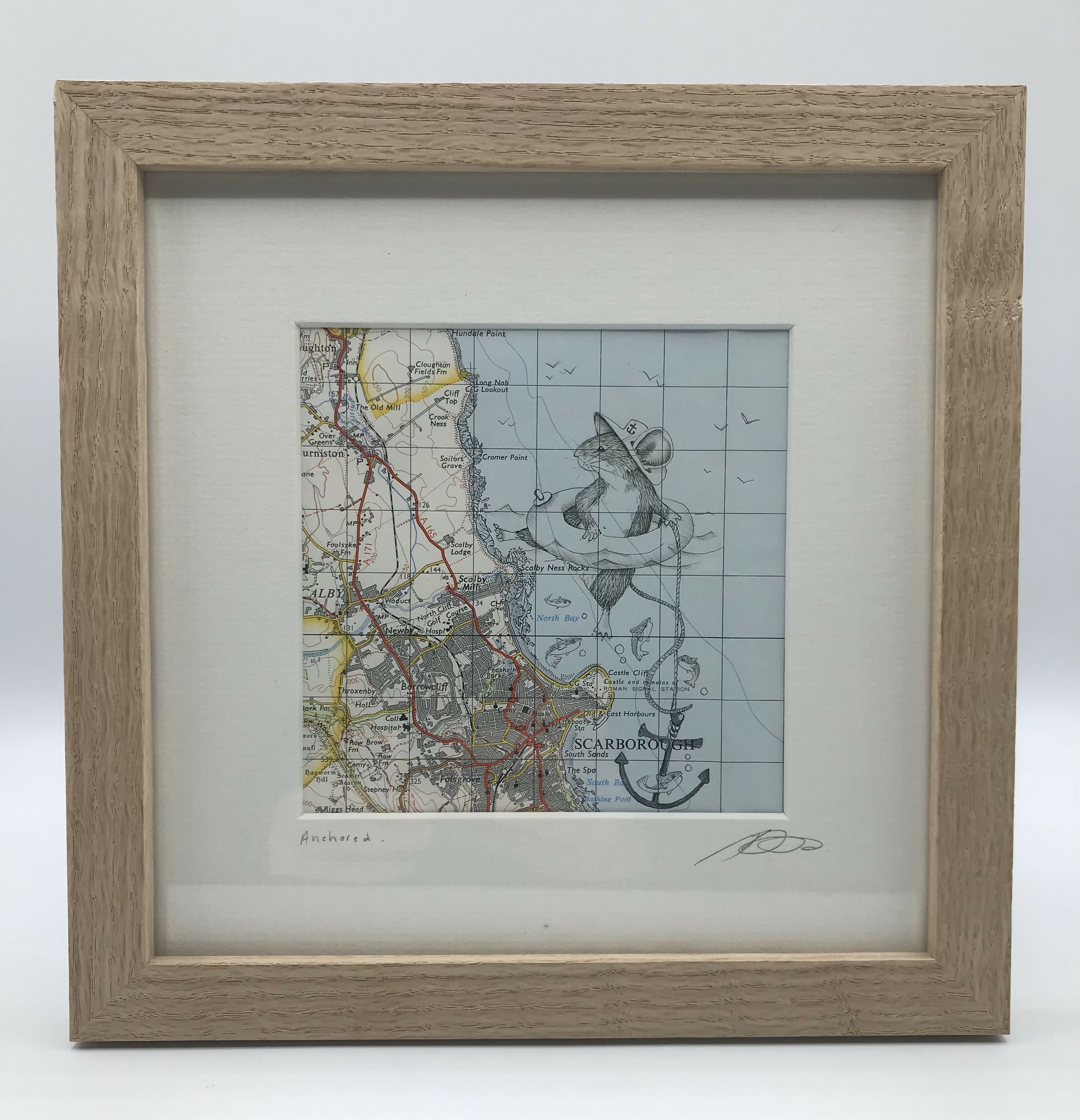 Anchored - Original Pen Drawing on Vintage Map ( SCARBOROUGH) by Jenny Davies