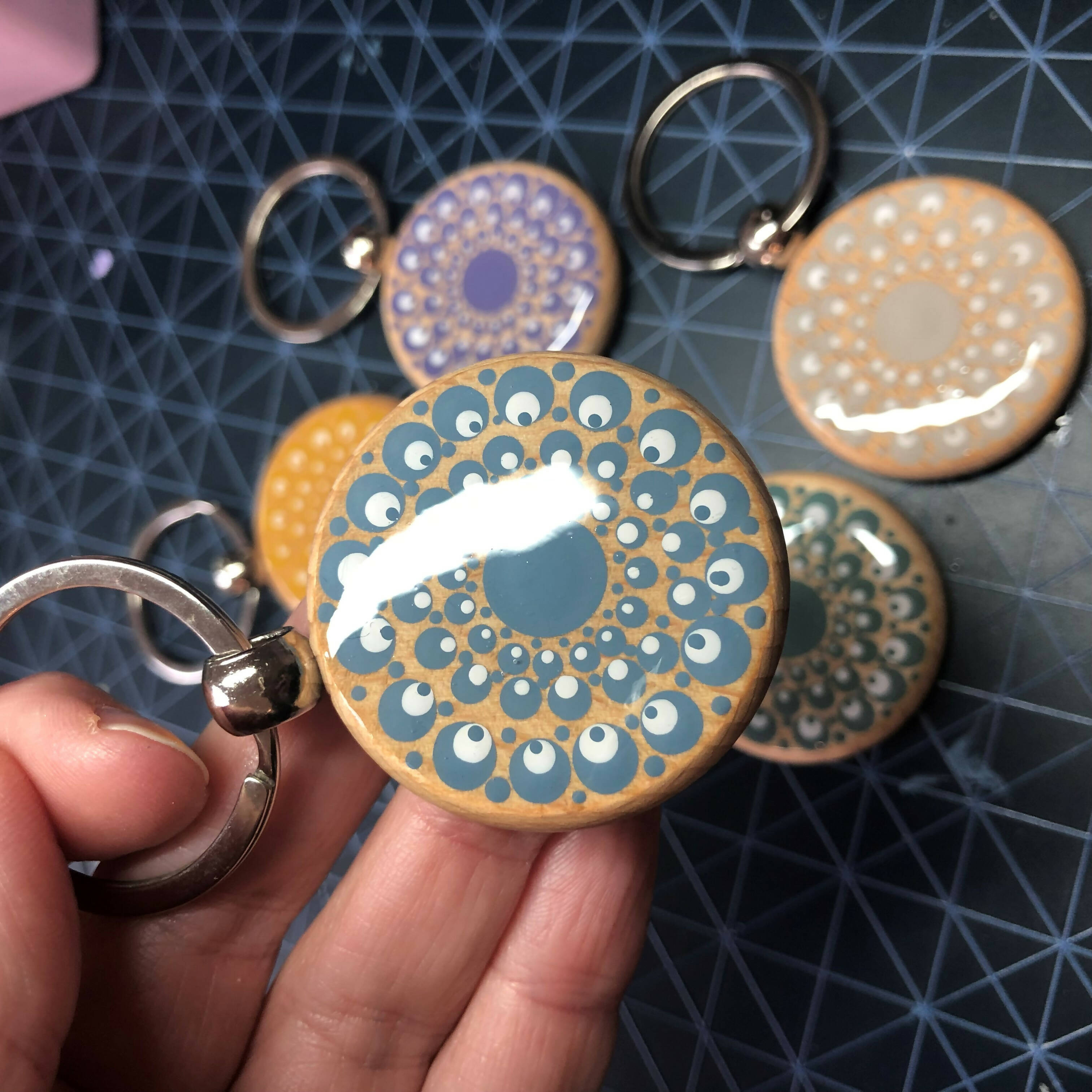 Hand Painted Dot Mandala Wooden Key Ring: Cobblestone Grey with White