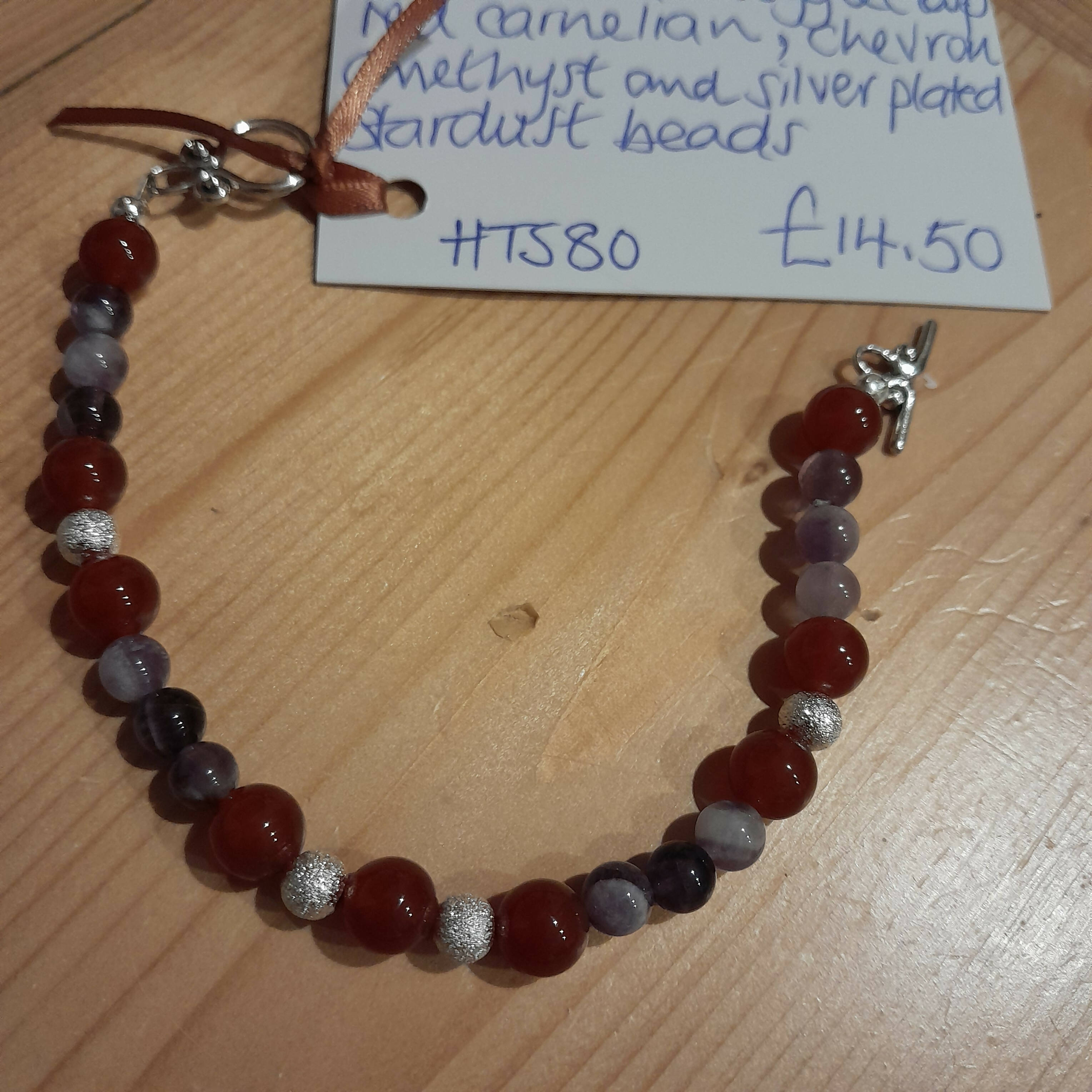 Tibetan Silver Toggle Clasp Bracelet with Red Carnelian, Chevron Amethyst and Silver Plated Stardust Beads
