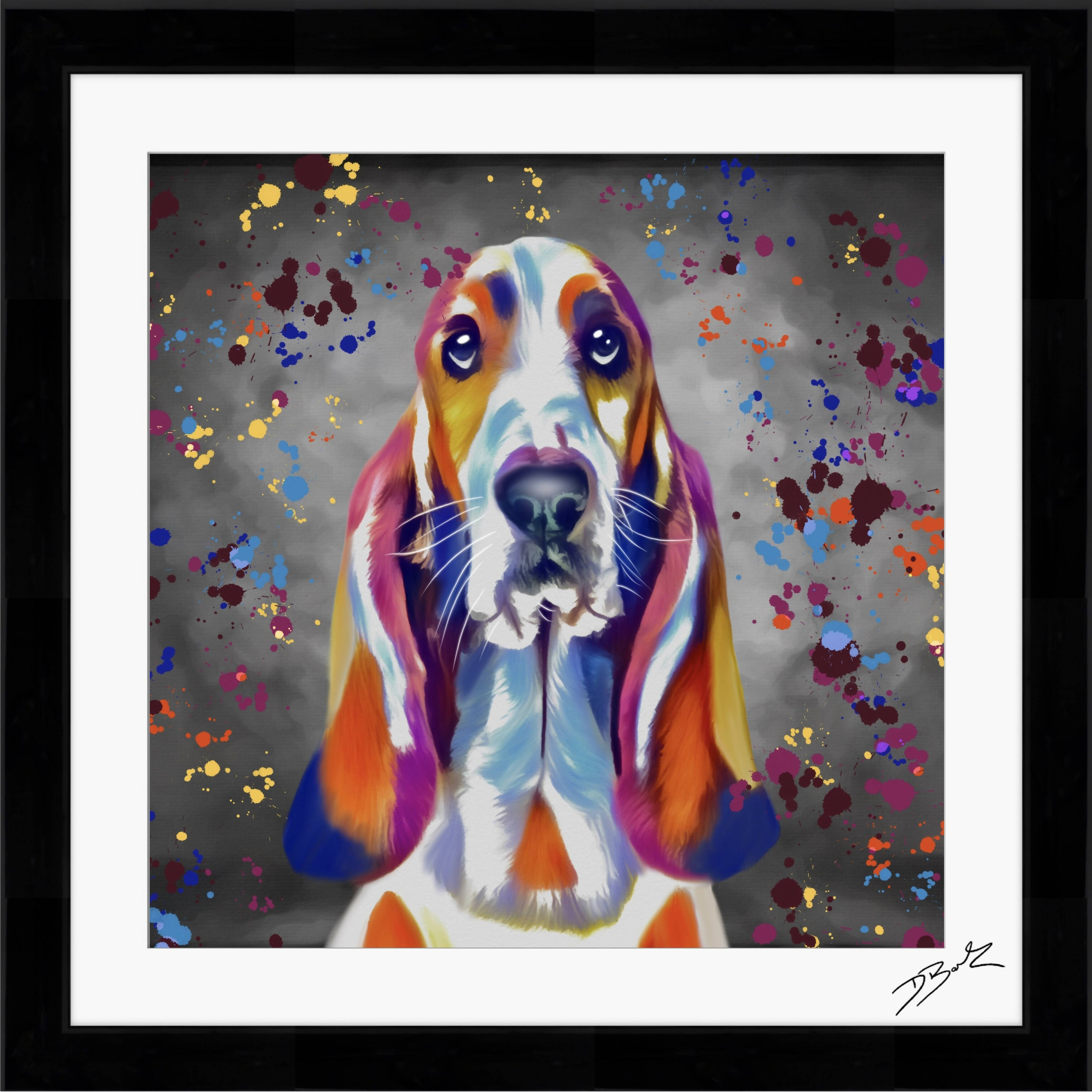 BASSET HOUND DOG COLOUR SPLASH FRAMED ARTWORK.