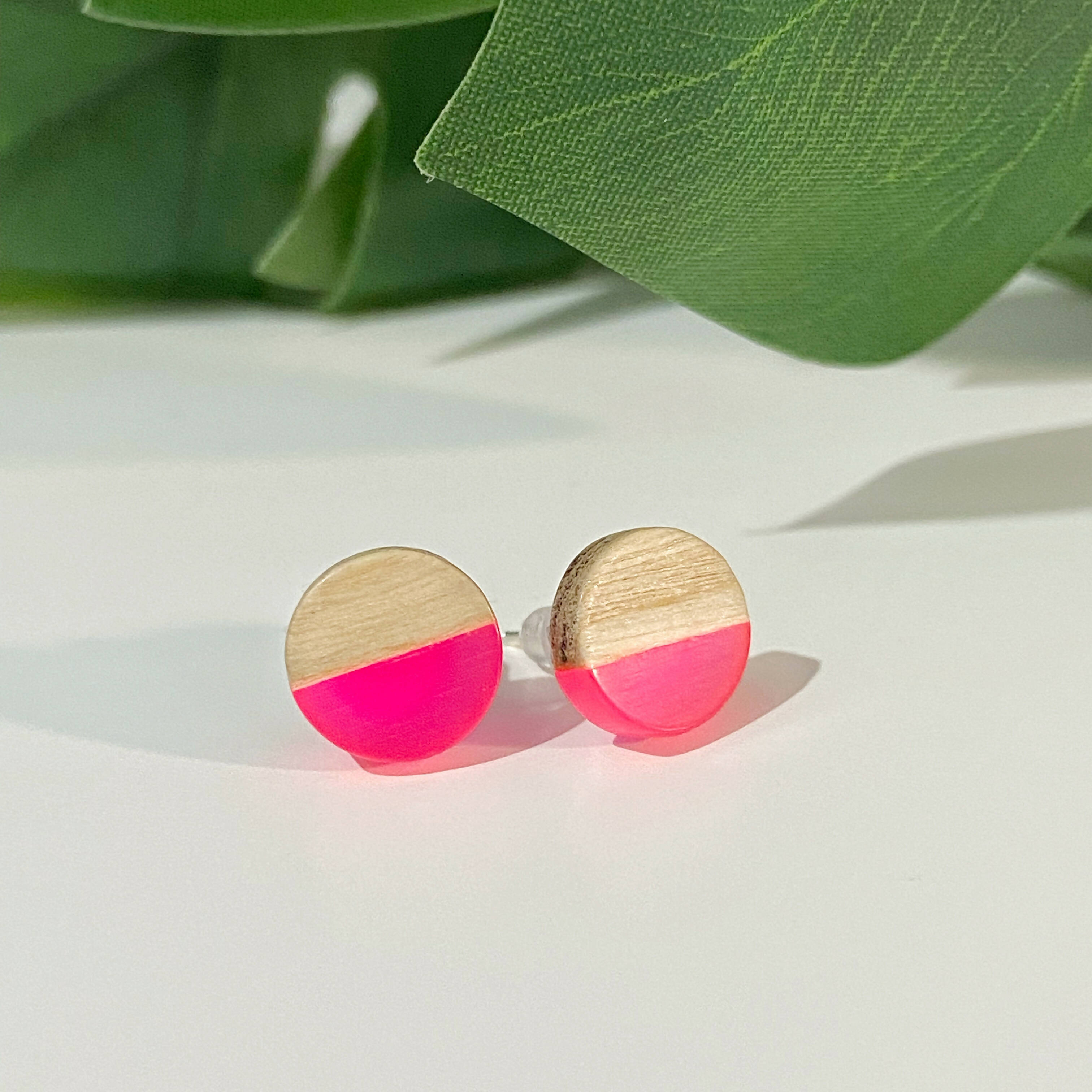 Round Wooden Pink Clear Resin Studs