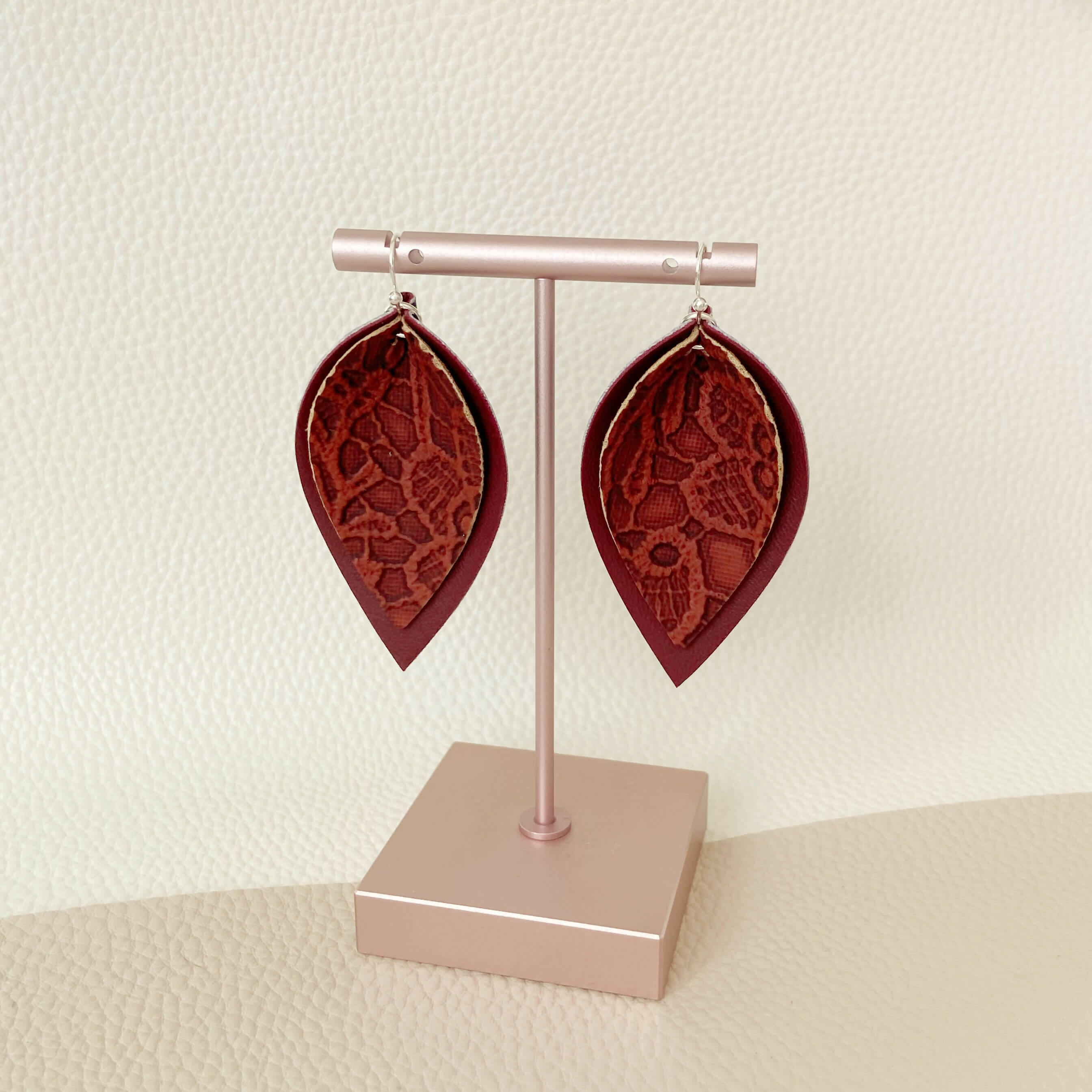 Maroon Lace Print Pinched Leaf Shaped Earrings in Faux Leather