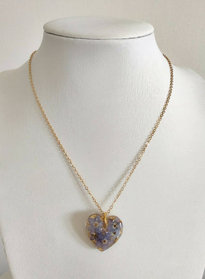 Forget Me Not and Gold Leaf 3D Heart Necklace Gold Plated