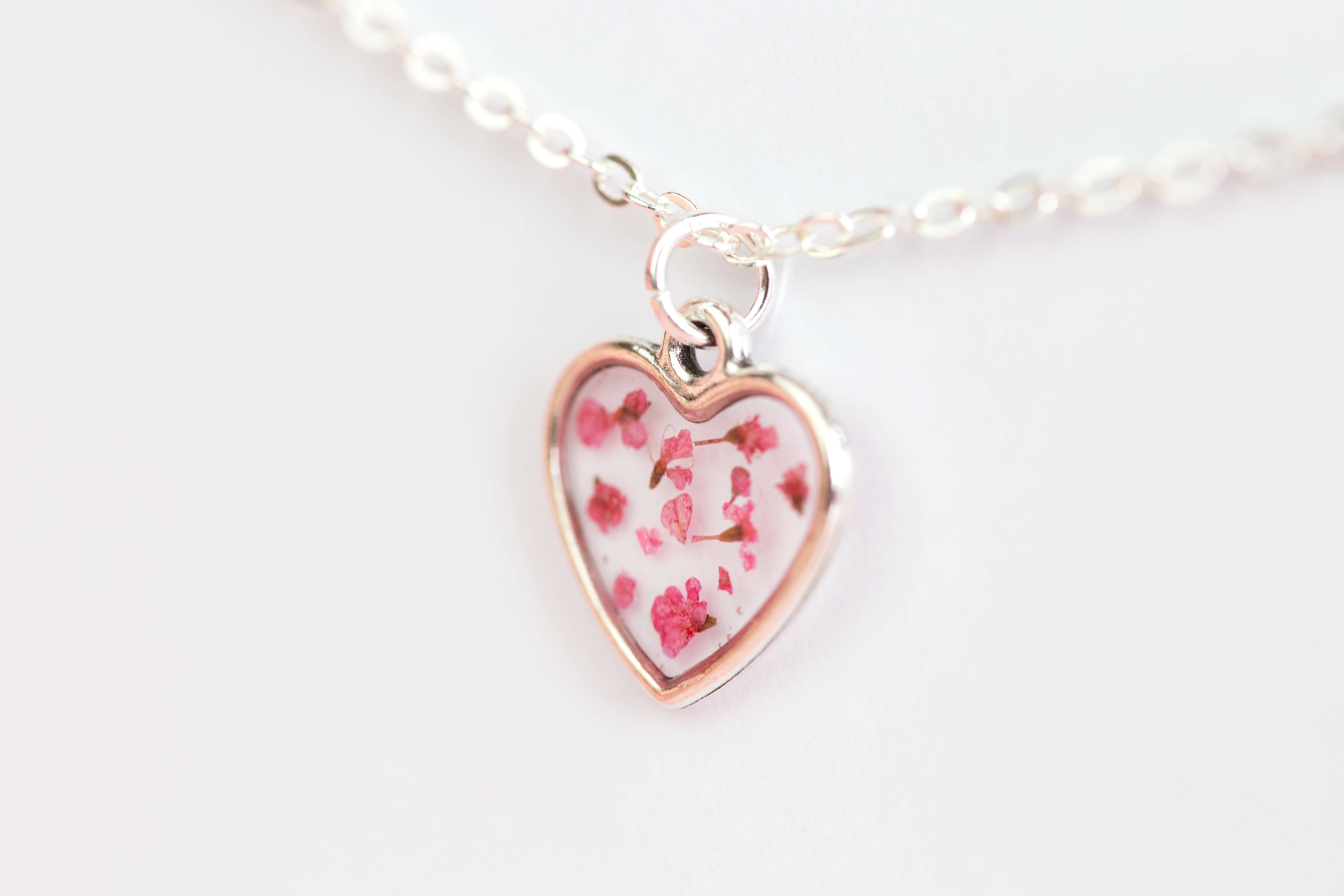 Pink Real Pressed Flower Tiny Heart Necklace Sterling Silver