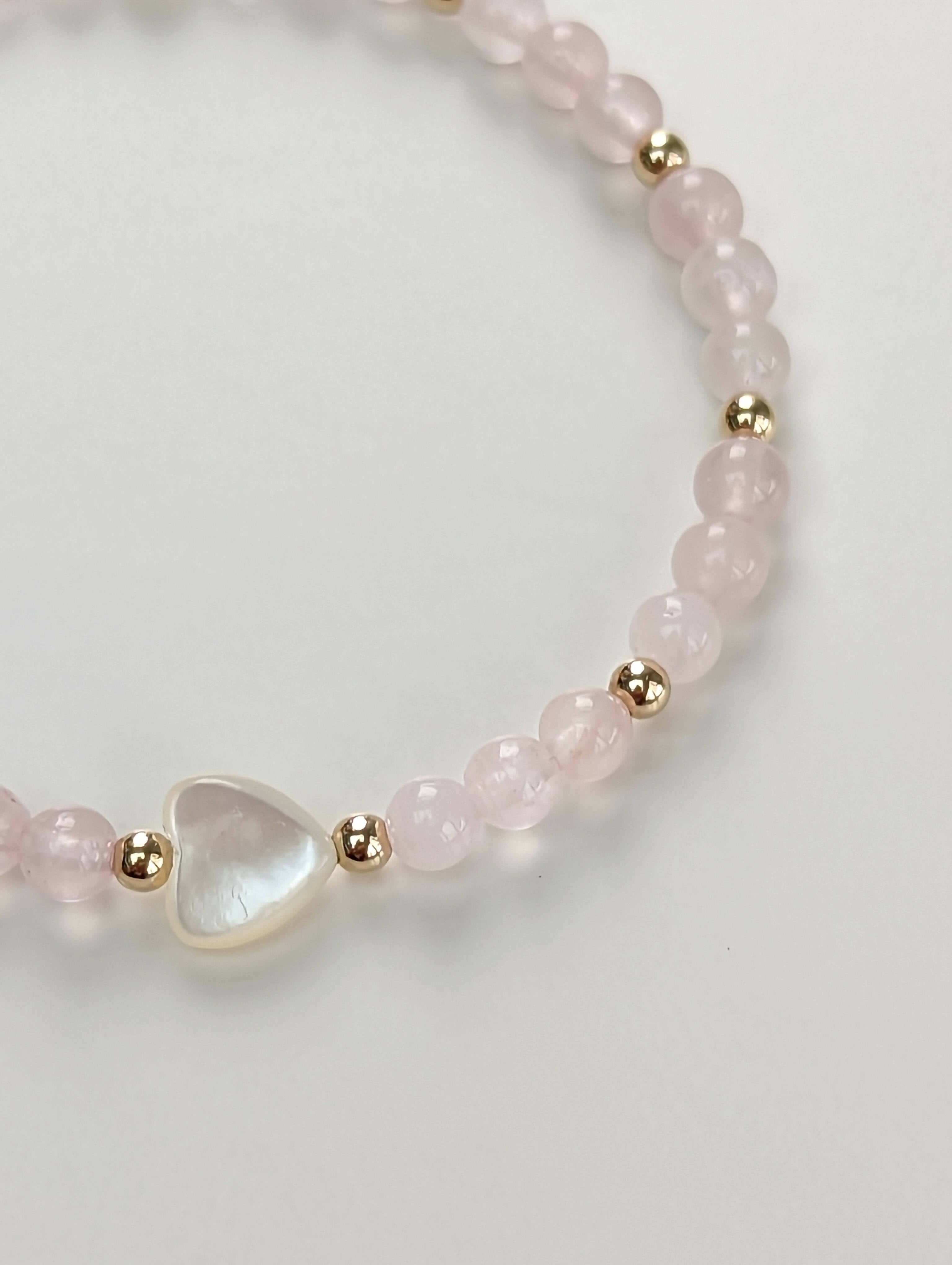 Mother of Pearl Heart and Rose Quartz Skinny Bracelet - Handmade