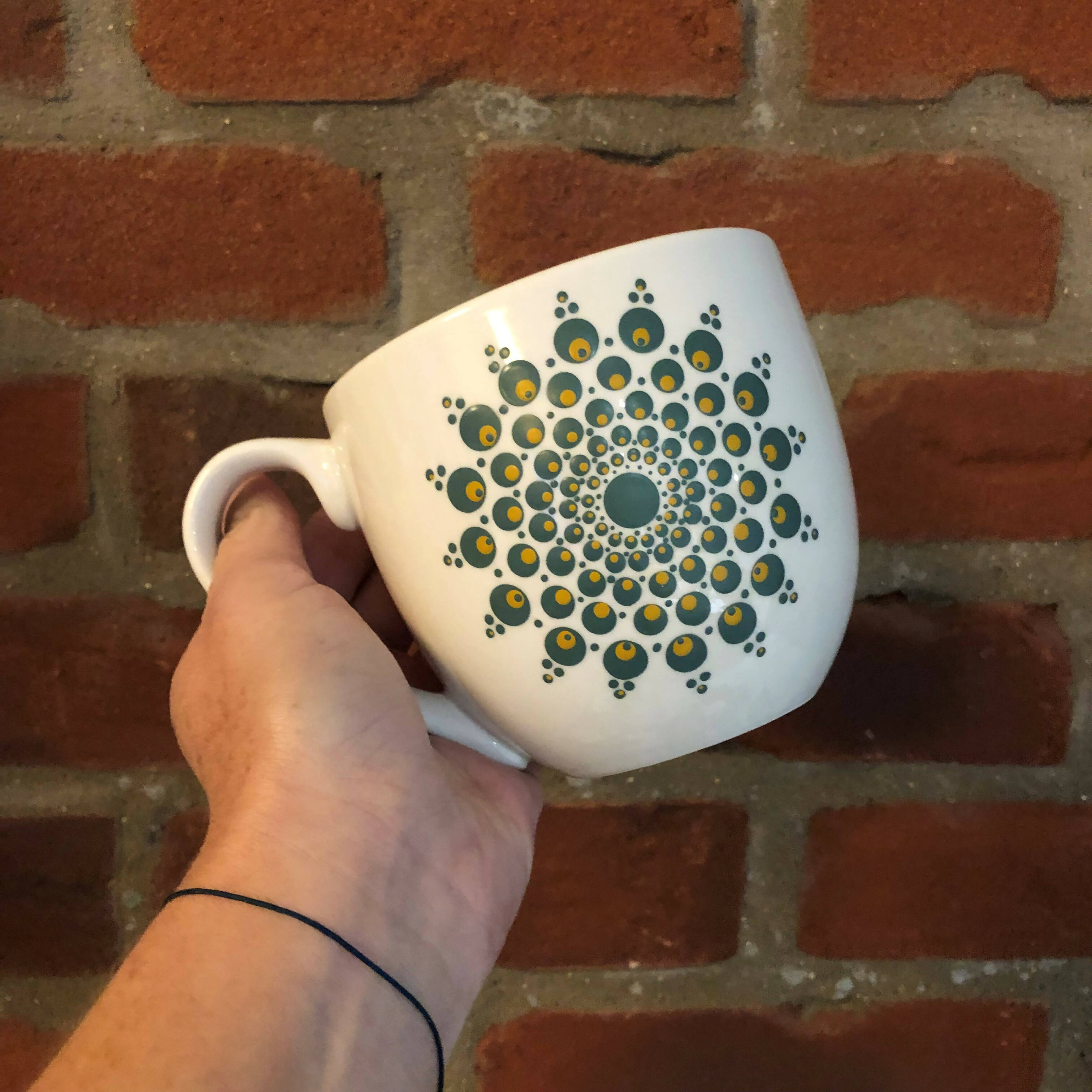 Hand Painted Dot Mandala Large Mug: Deep Green with True Ochre