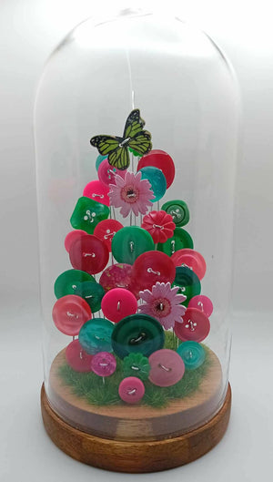 Dark pink and green button garden glass cloche