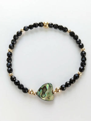 Abalone shell heart with black onyx skinny bracelet - Handmade