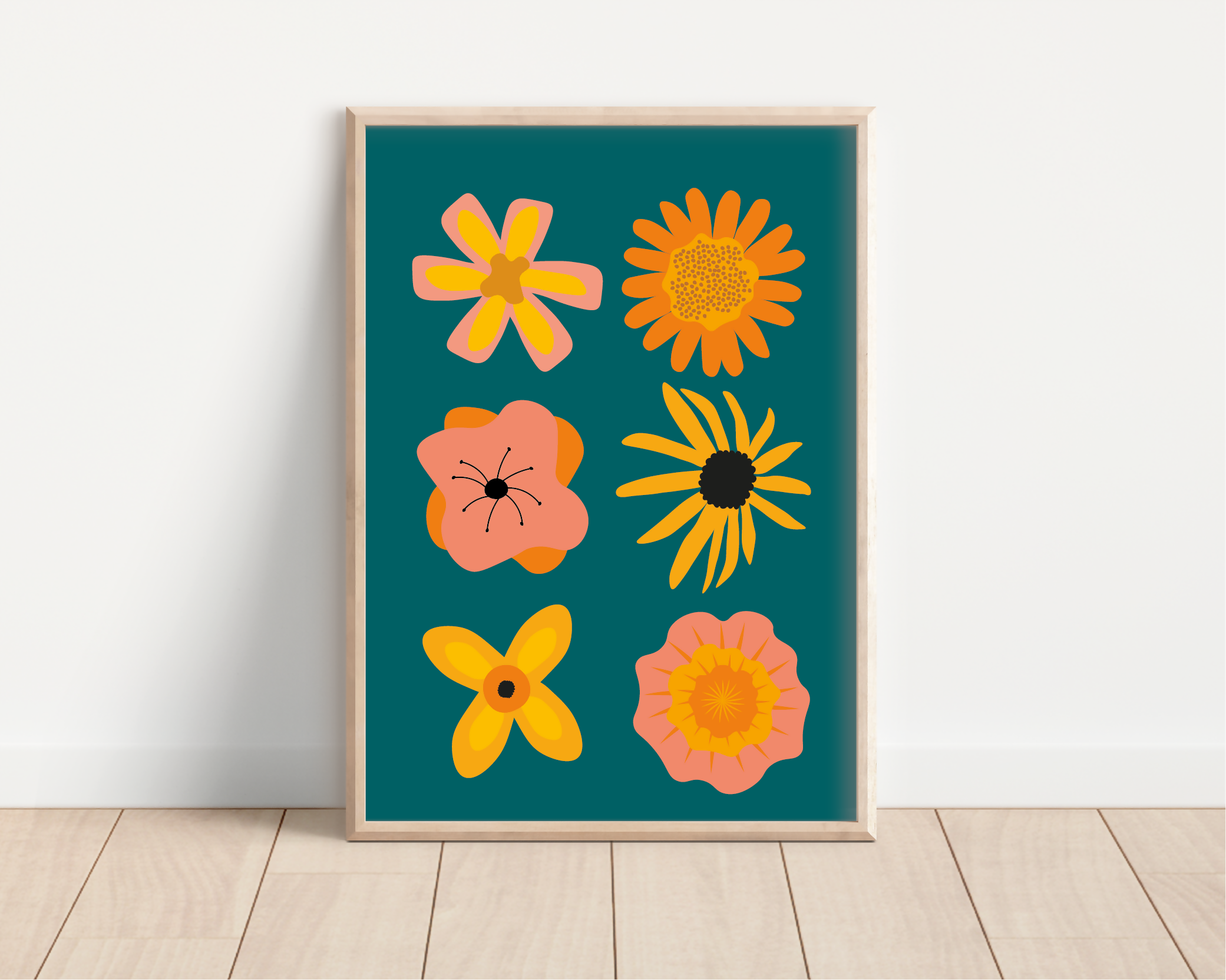 A4 Teal Autumn Flowers Print