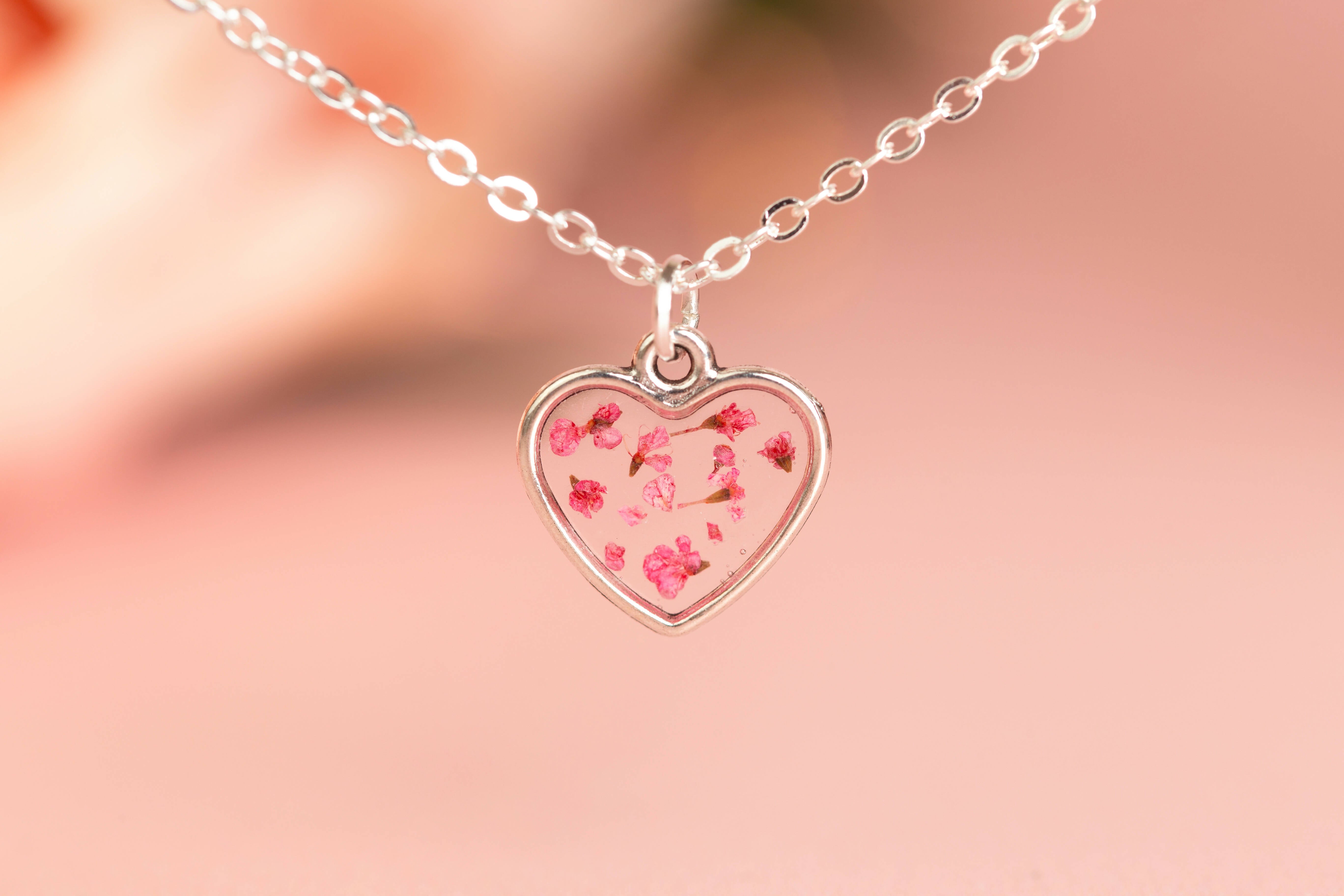 Pink Real Pressed Flower Tiny Heart Necklace Sterling Silver