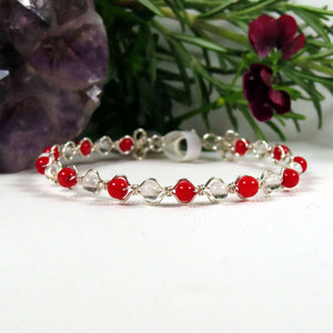 16cm Silver plated stacking bracelet with 4mm dyed Red Sea Bamboo & Clear Quartz
