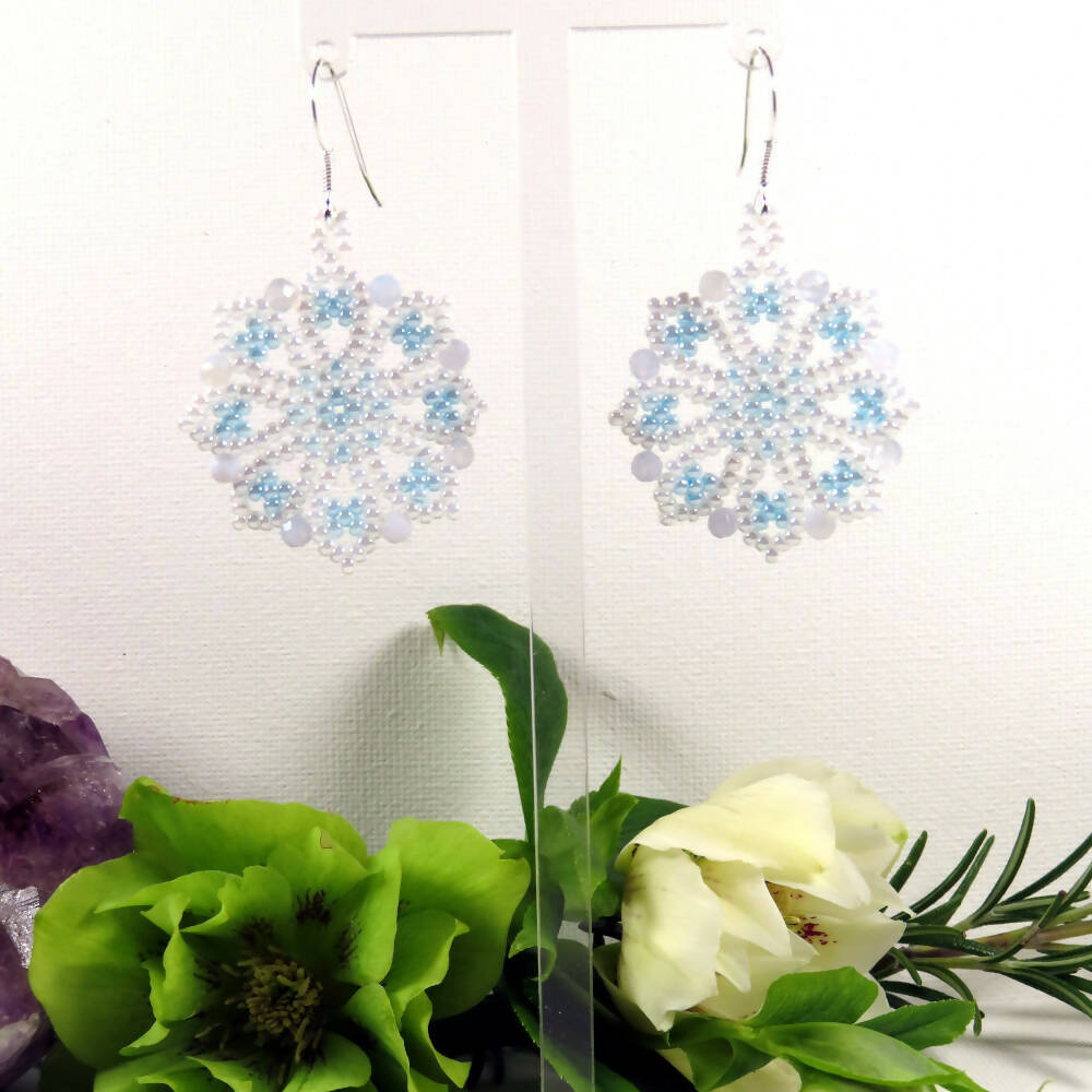 Spring Garden Earrings - Blue Lace Agate with White Ceylon and Aqua Lined White Pearl Seed Beads, Sterling Silver Ear Wires