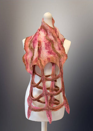 Nuno Felt Scarf pink and brown lattice scarf
