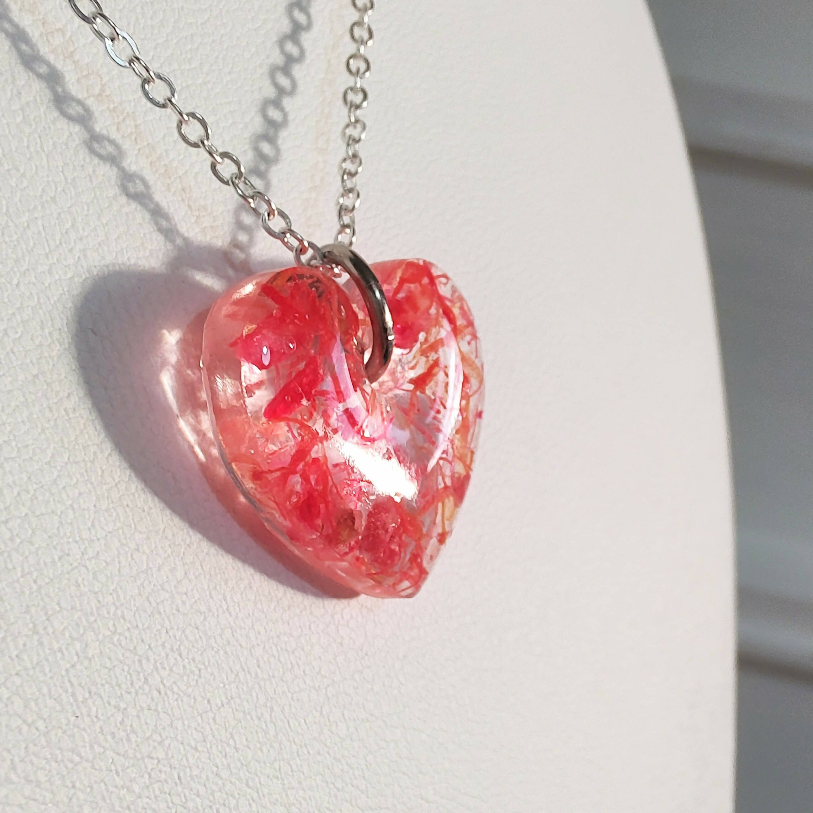 Orange Flower 3D Heart Necklace Silver Plated