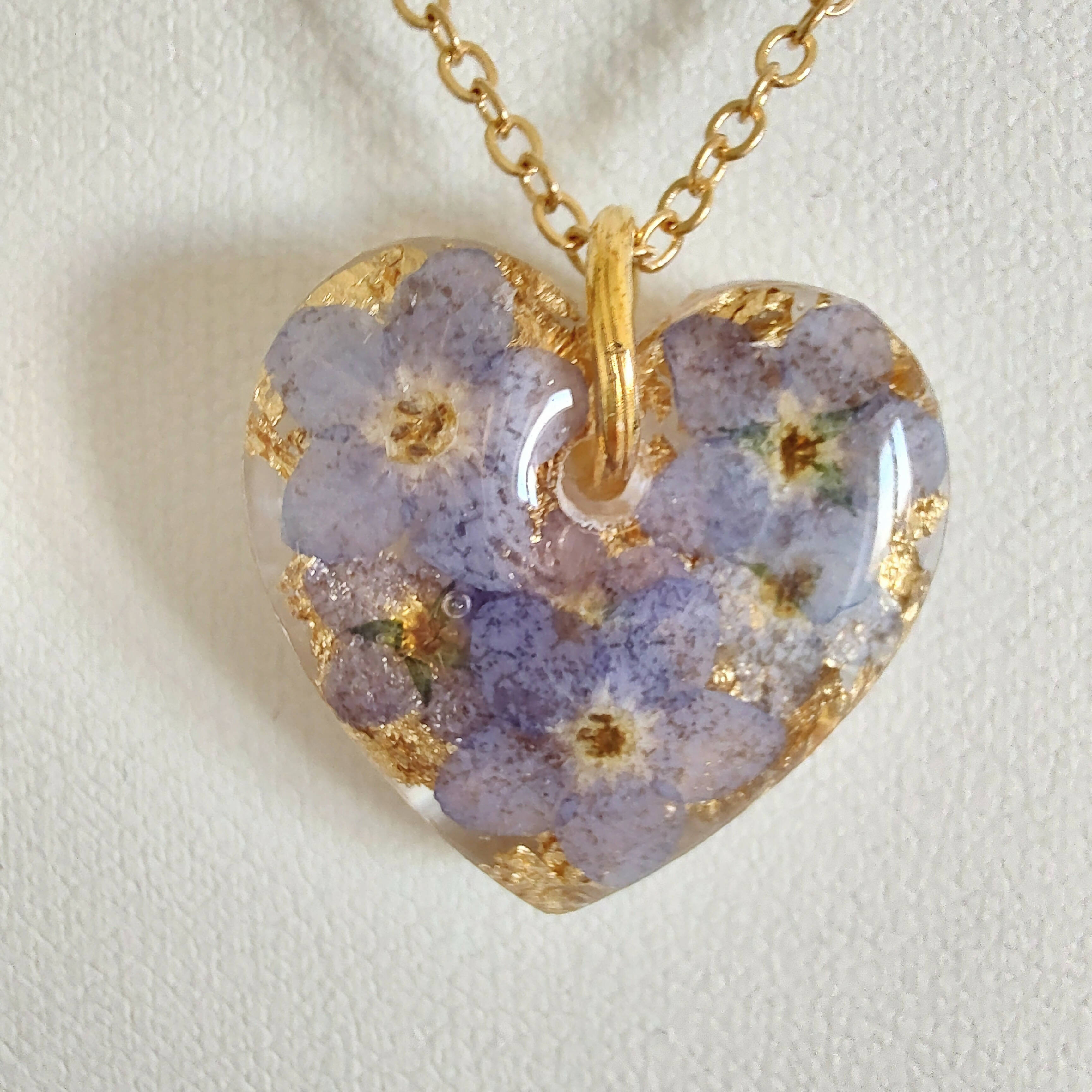 Forget Me Not and Gold Leaf 3D Heart Necklace Gold Plated