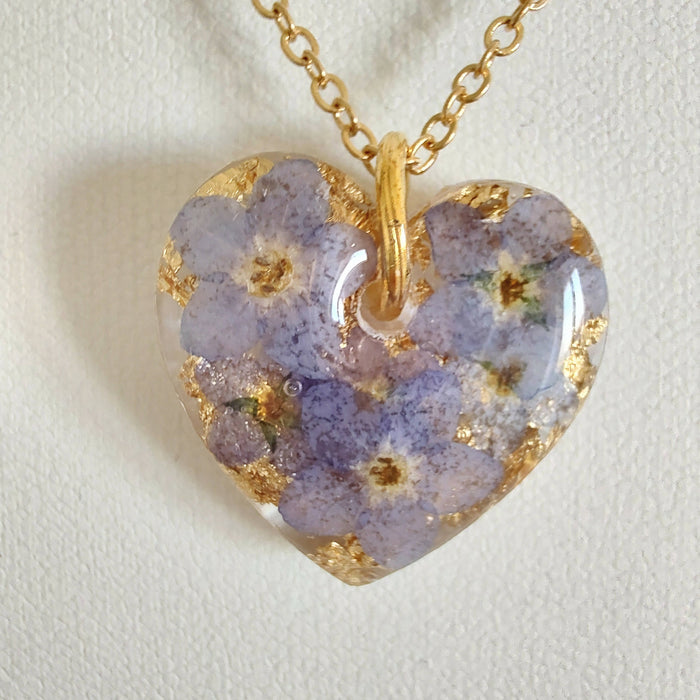 Forget Me Not and Gold Leaf 3D Heart Necklace Gold Plated