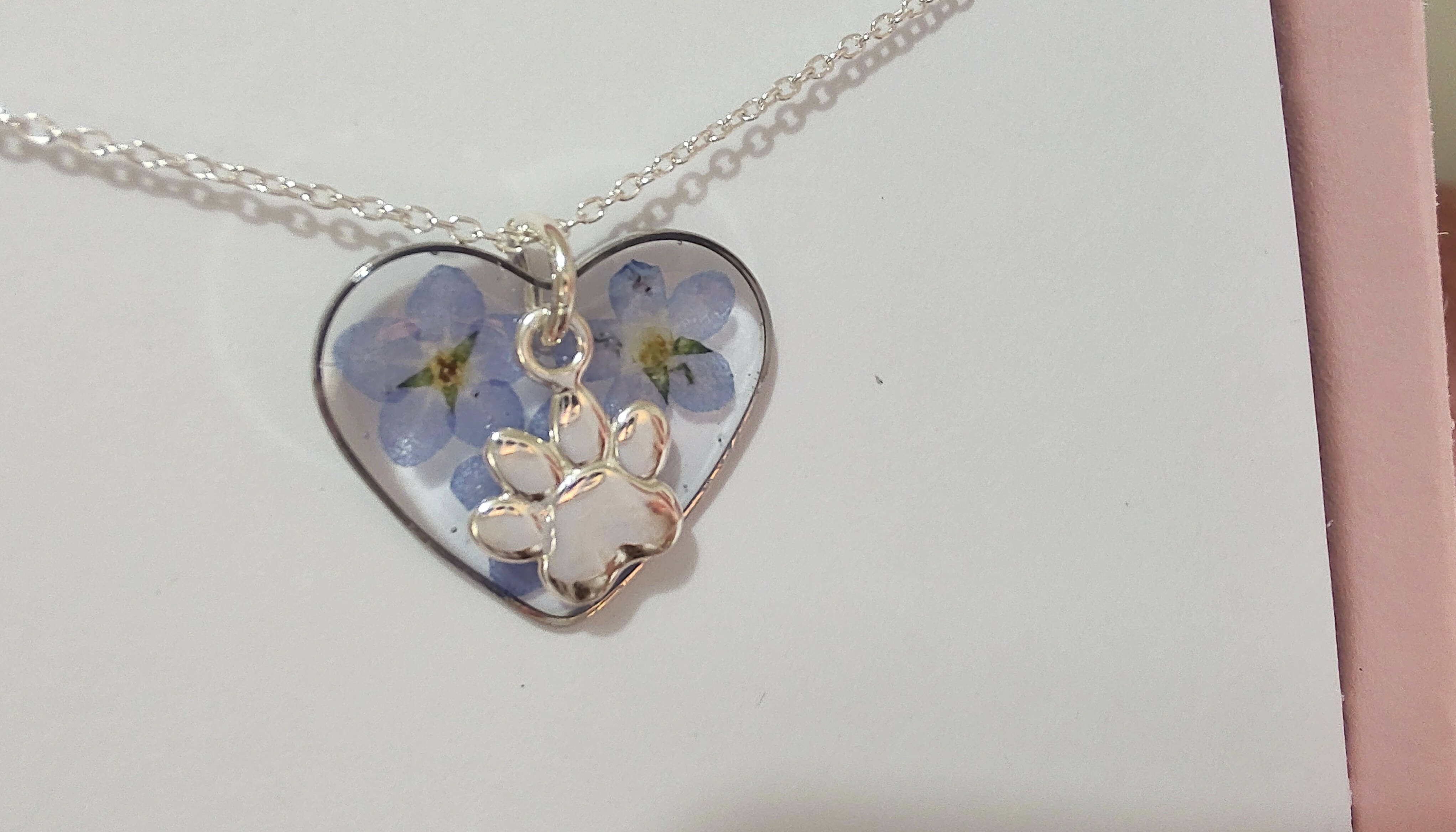 Forget Me Not Heart Necklace with Paw Sterling Silver