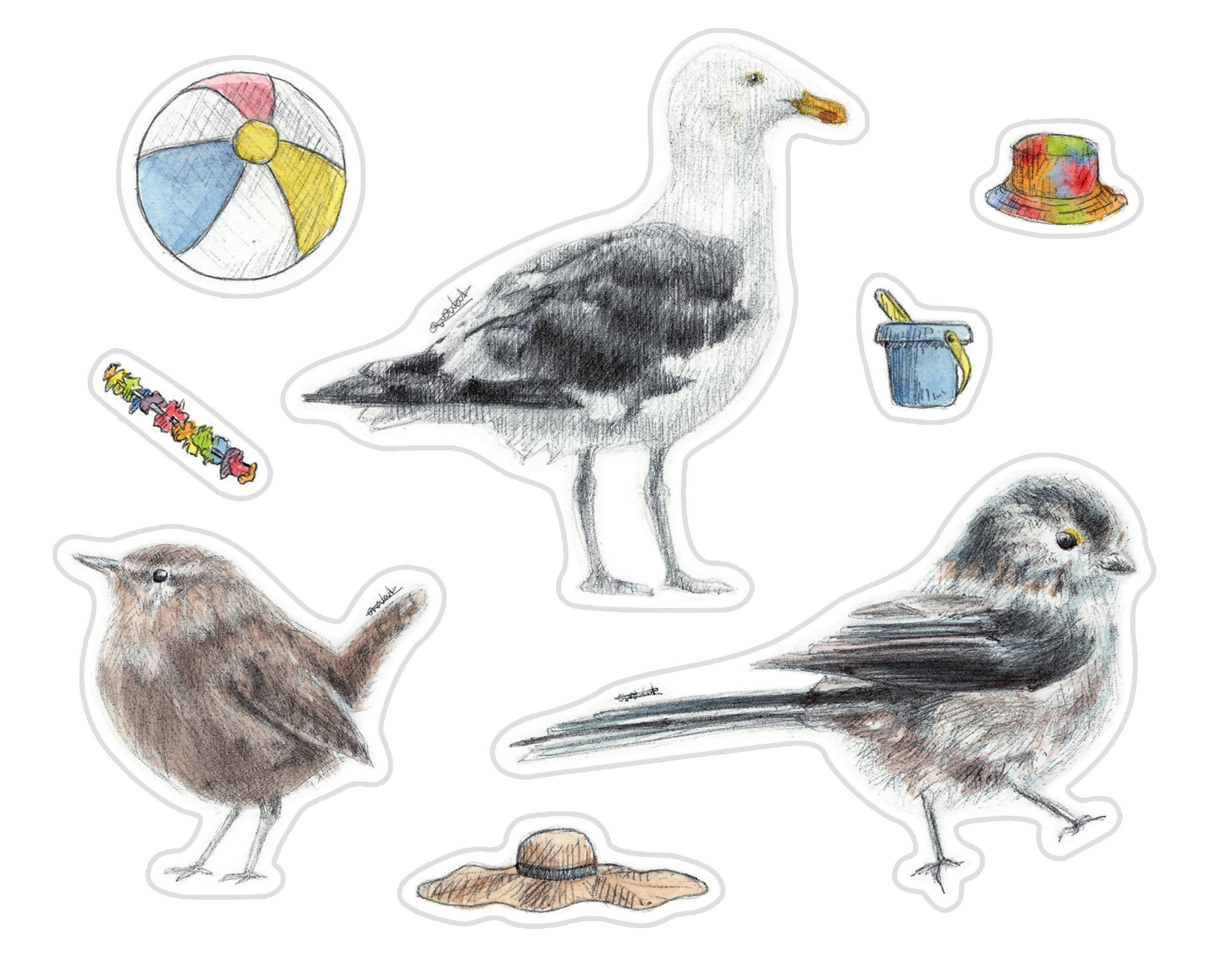 A6 Beach Birds with Hats Sticker Sheet | feat. Seagull, Wren, Long-tailed tit | Biro-pen & Watercolour Drawings