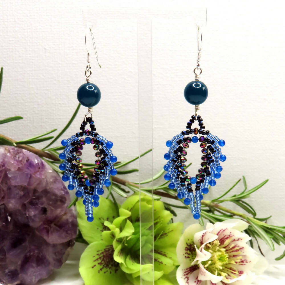 Peacock Feather Earrings - Blue Dyed Jade, Rainbow Plate Crystal, Jet Black AB & S/L DK Cornflower Blue Miyuki. 14mm Blue Agate, Sterling Silver Ear Wires