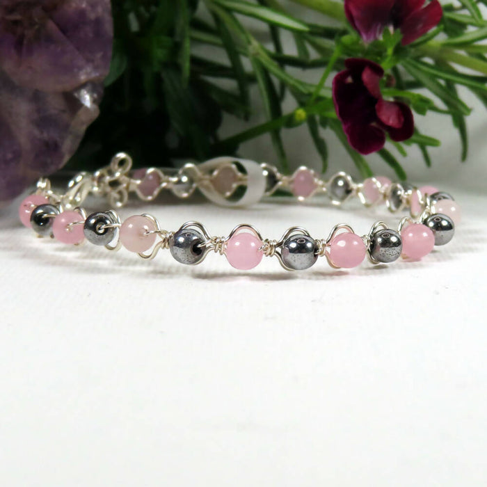 16cm Silver plated stacking bracelet with 4mm Rose Quartz and EP Haematite