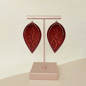 Maroon Lace Print Pinched Leaf Shaped Earrings in Faux Leather