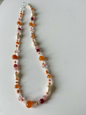 Cherry pink and orange gemstone necklace with fresh water pearls