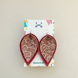Red Brown Lace Print Pinched Leaf Shaped Earrings in Faux Leather