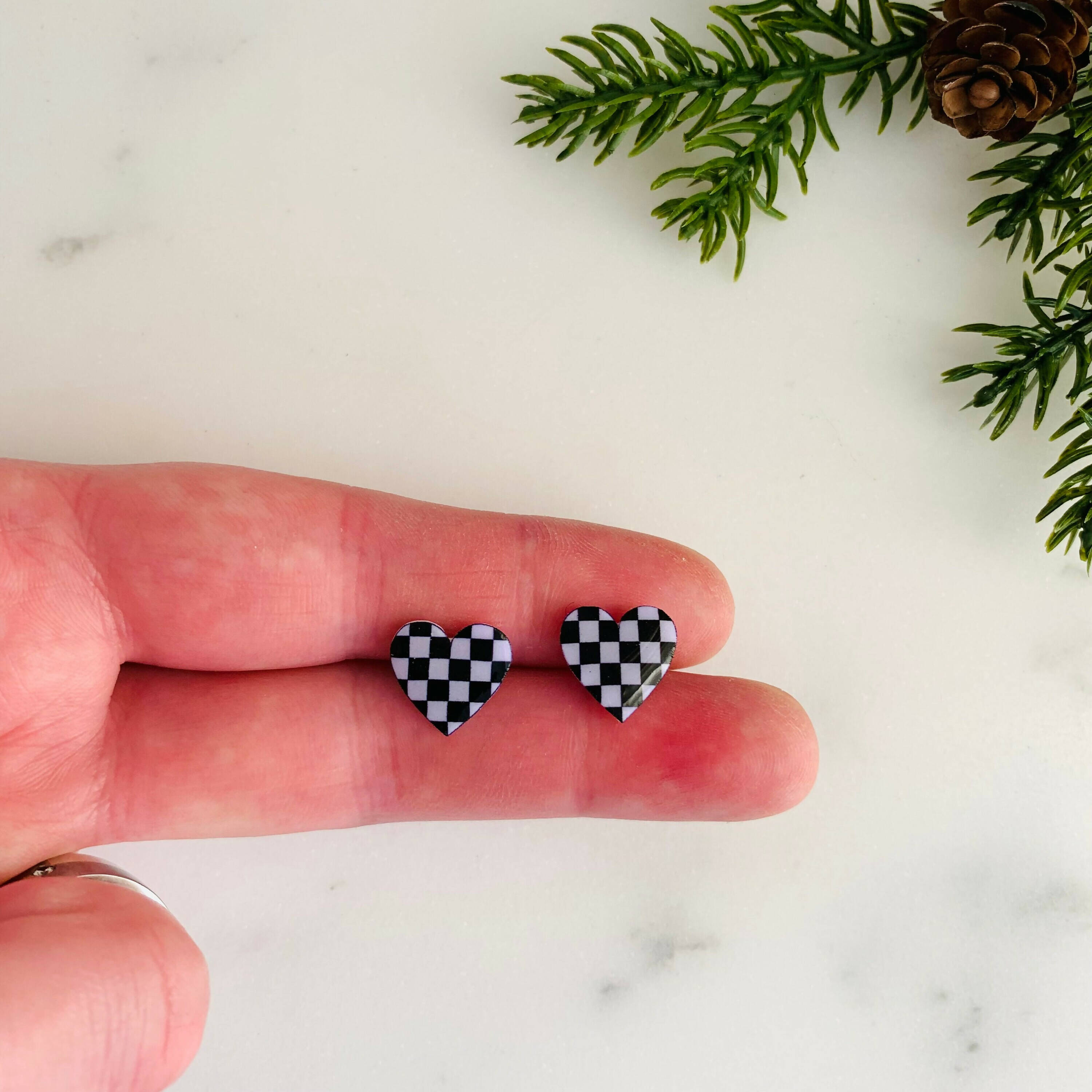 Chequered Heart Stud Earrings