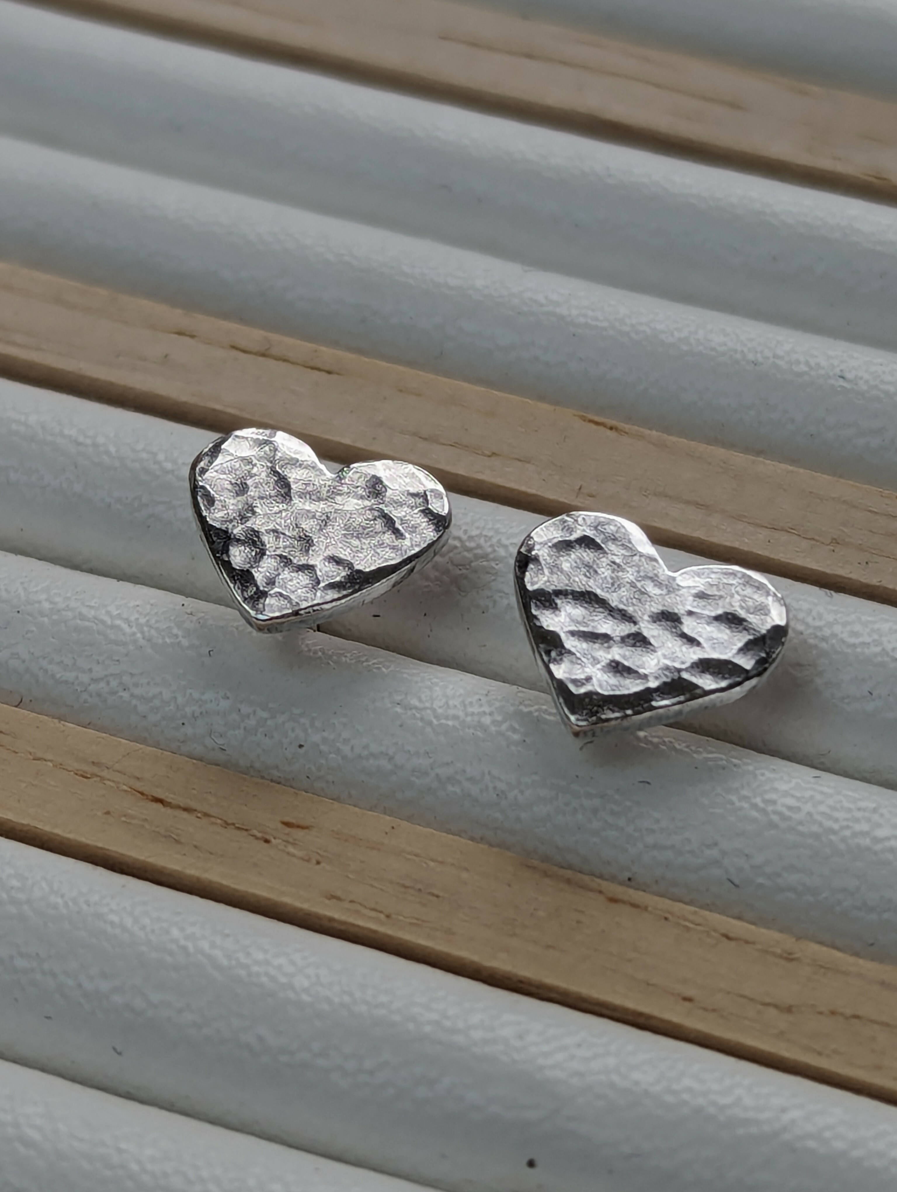 Sterling Silver Hammered Heart Studs - Handmade