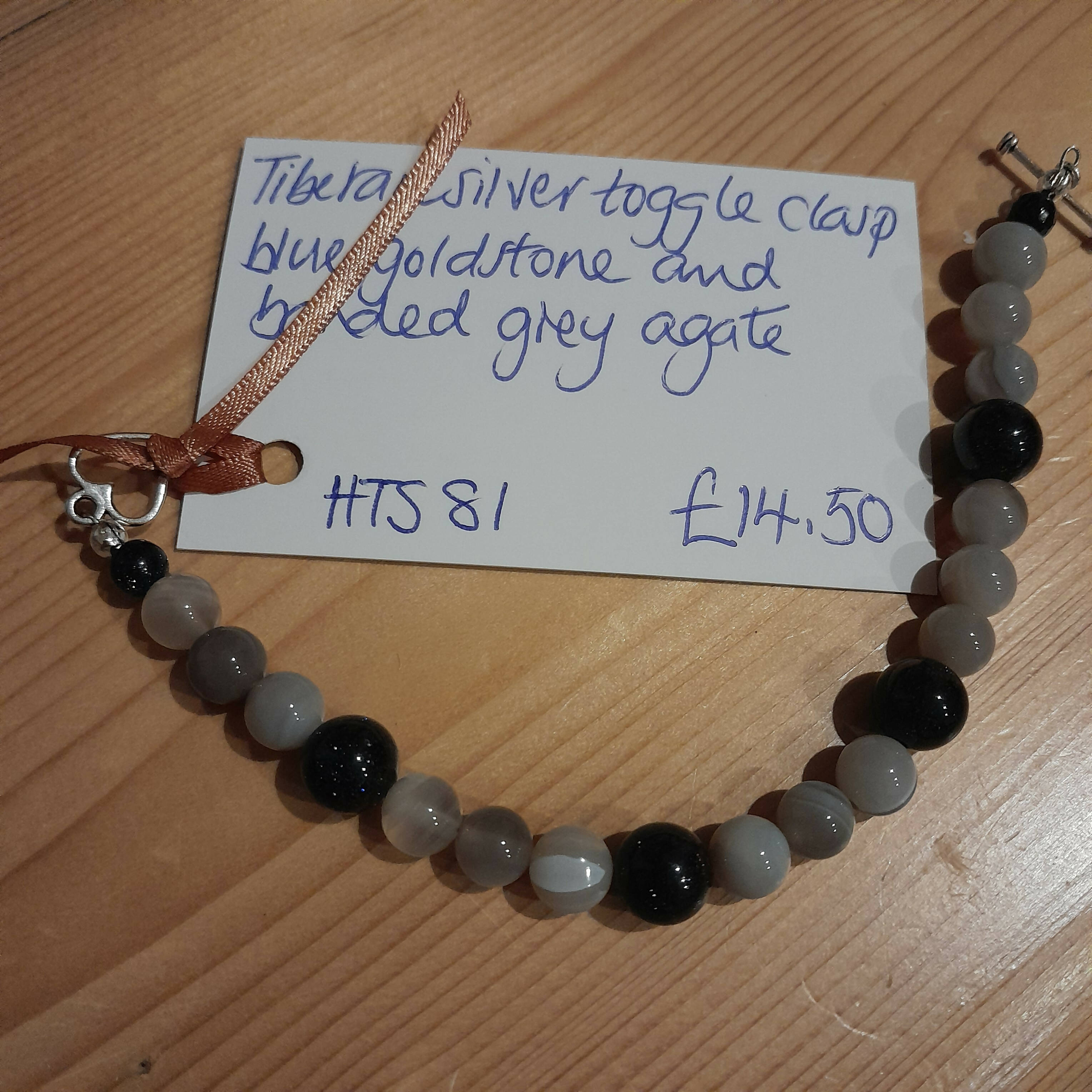 Tibetan Silver Toggle Clasp Bracelet with Blue Goldstone and Banded Grey Agate