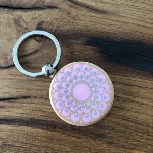 Hand Painted Dot Mandala Wooden Key Ring: Pink and Grey