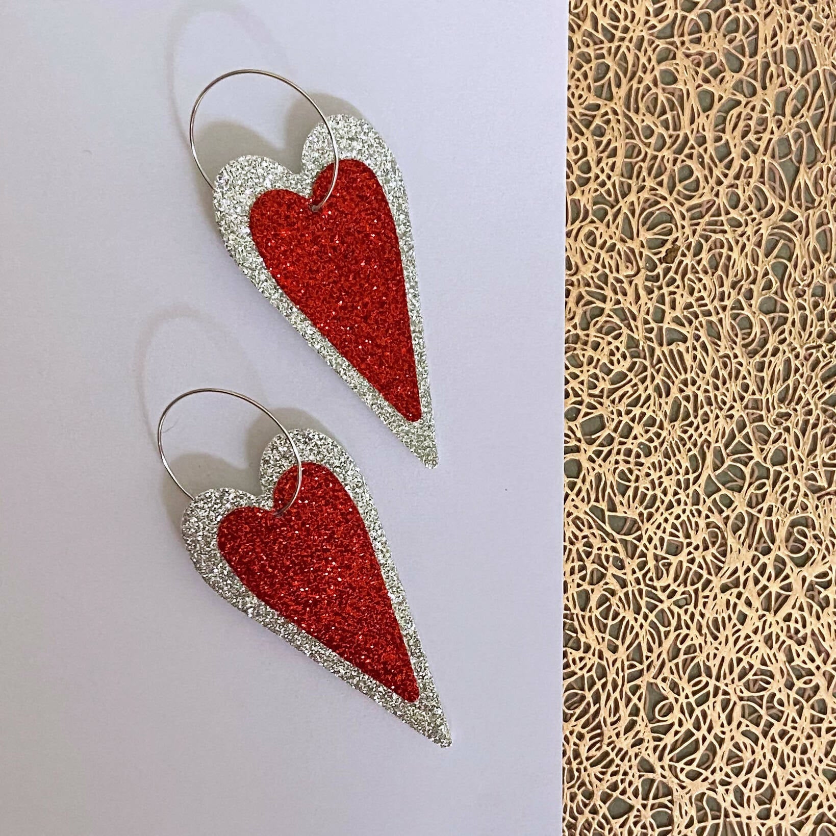 Statement Heart Earrings in Red Glitter