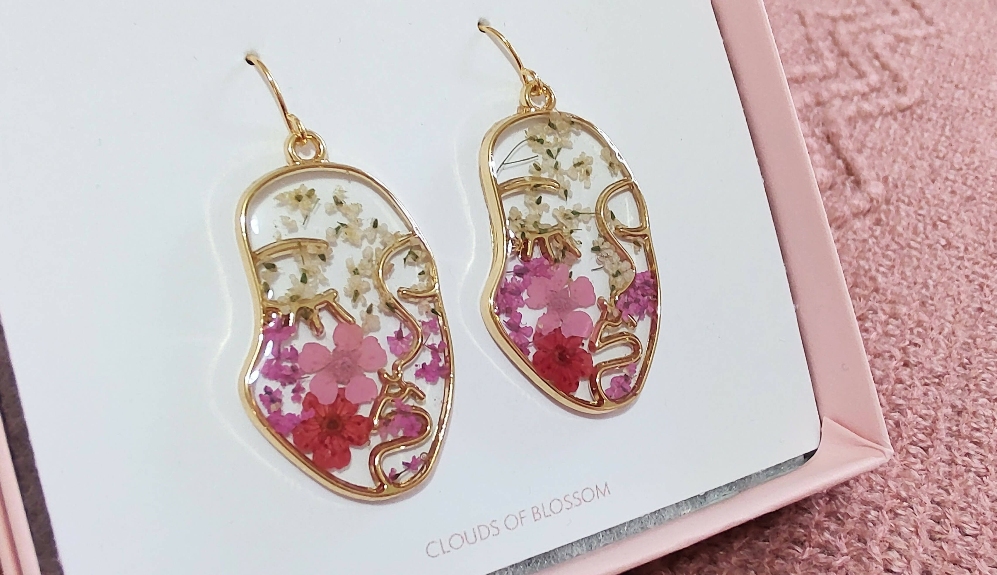 Pink Real Pressed Flower Face Earrings Gold Plated