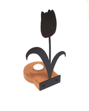 Assorted black metal and Oak Tea light holder flower